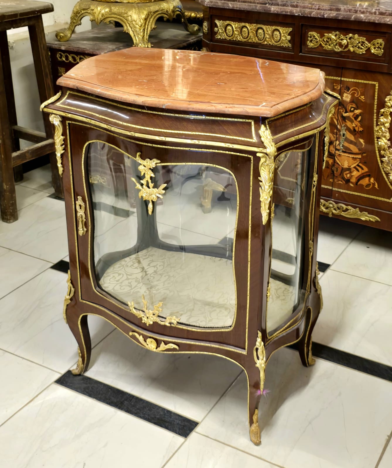 Luxury French Curio Display Cabinet with Marble Top, Glass Panels & Hand-Gilded Accents