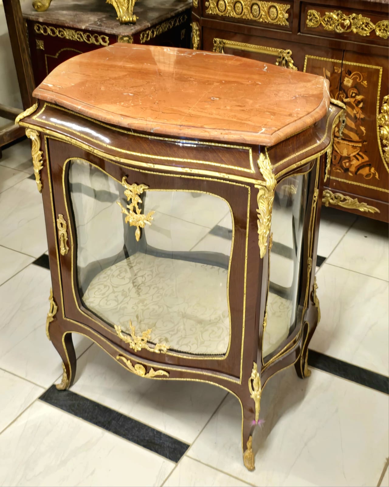 Luxury French Curio Display Cabinet with Marble Top, Glass Panels & Hand-Gilded Accents