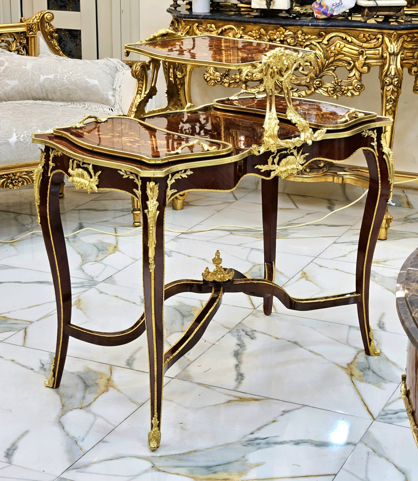 French Louis XV Serving Table with Removable Trays, Hand-Carved Wood & Gold Leaf Details