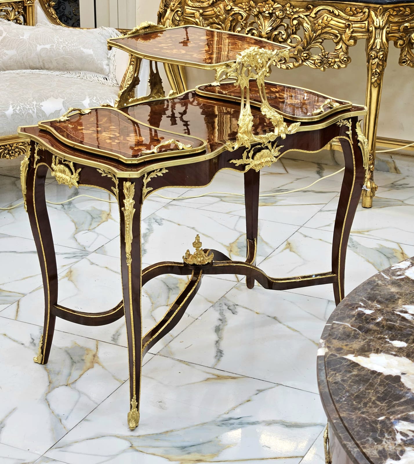 French Louis XV Serving Table with Removable Trays, Hand-Carved Wood & Gold Leaf Details