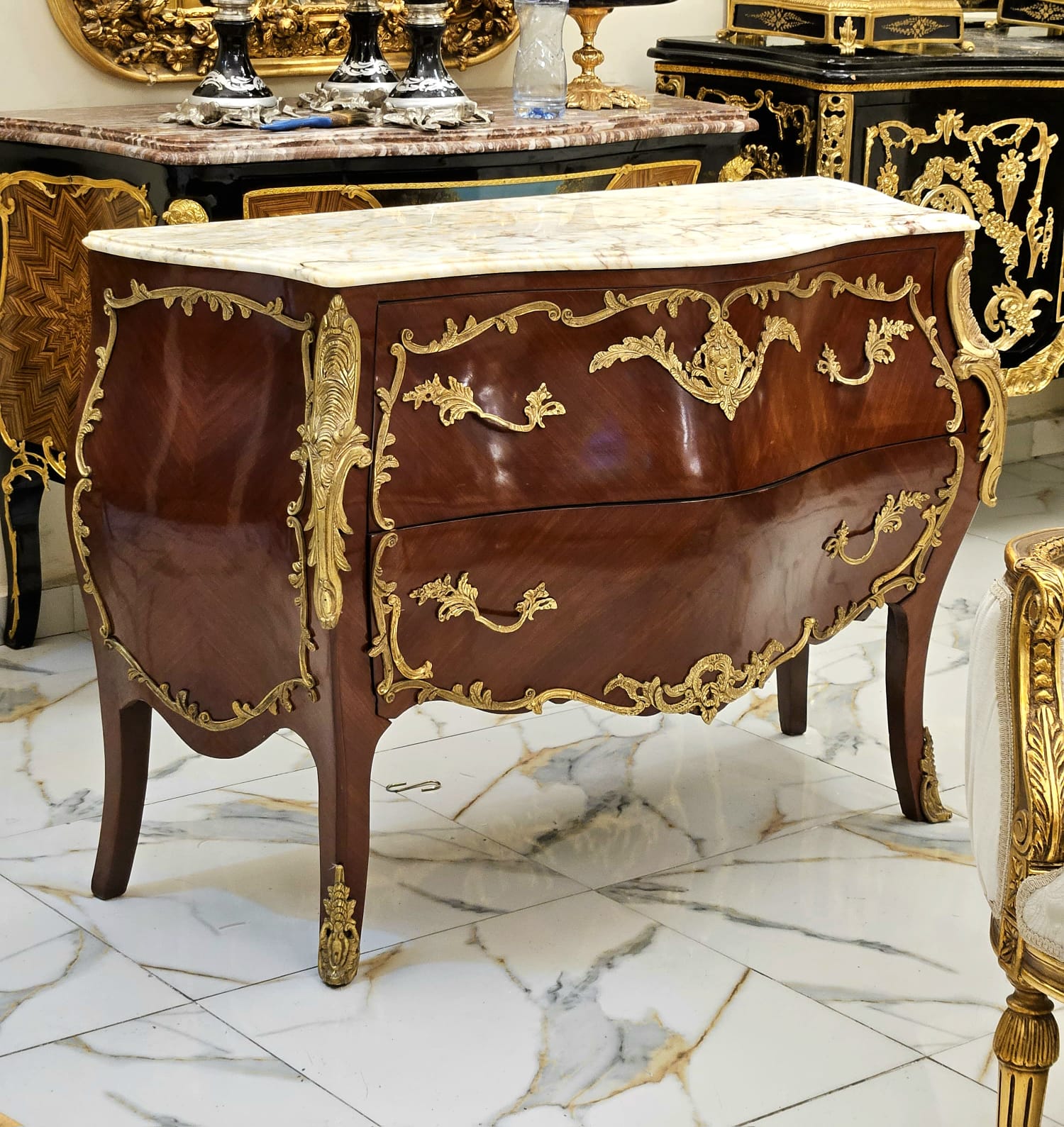 Exquisite French Marble-Top Chest with Ornate Carved Wood & Gold Leaf Accents