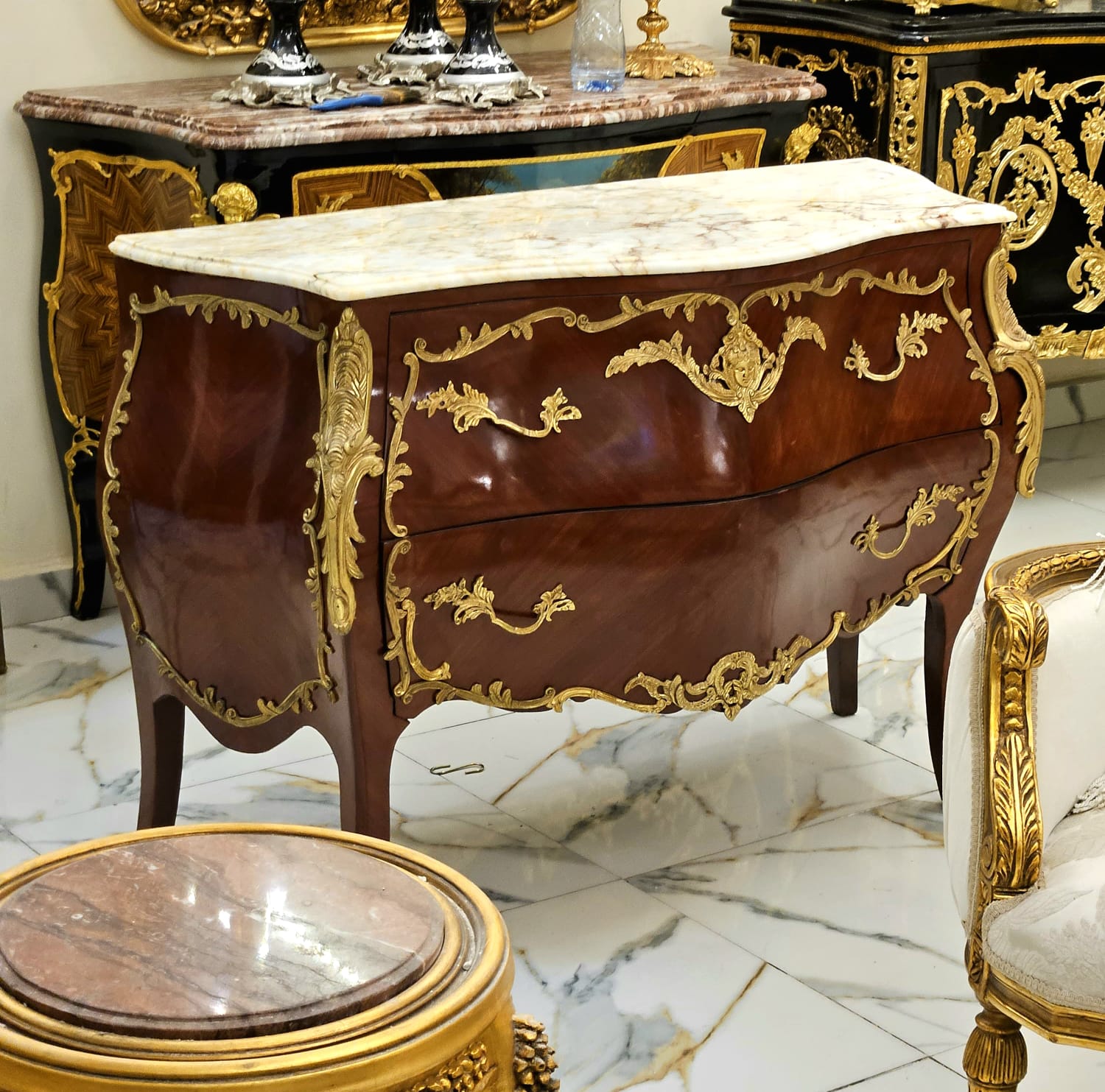 Exquisite French Marble-Top Chest with Ornate Carved Wood & Gold Leaf Accents
