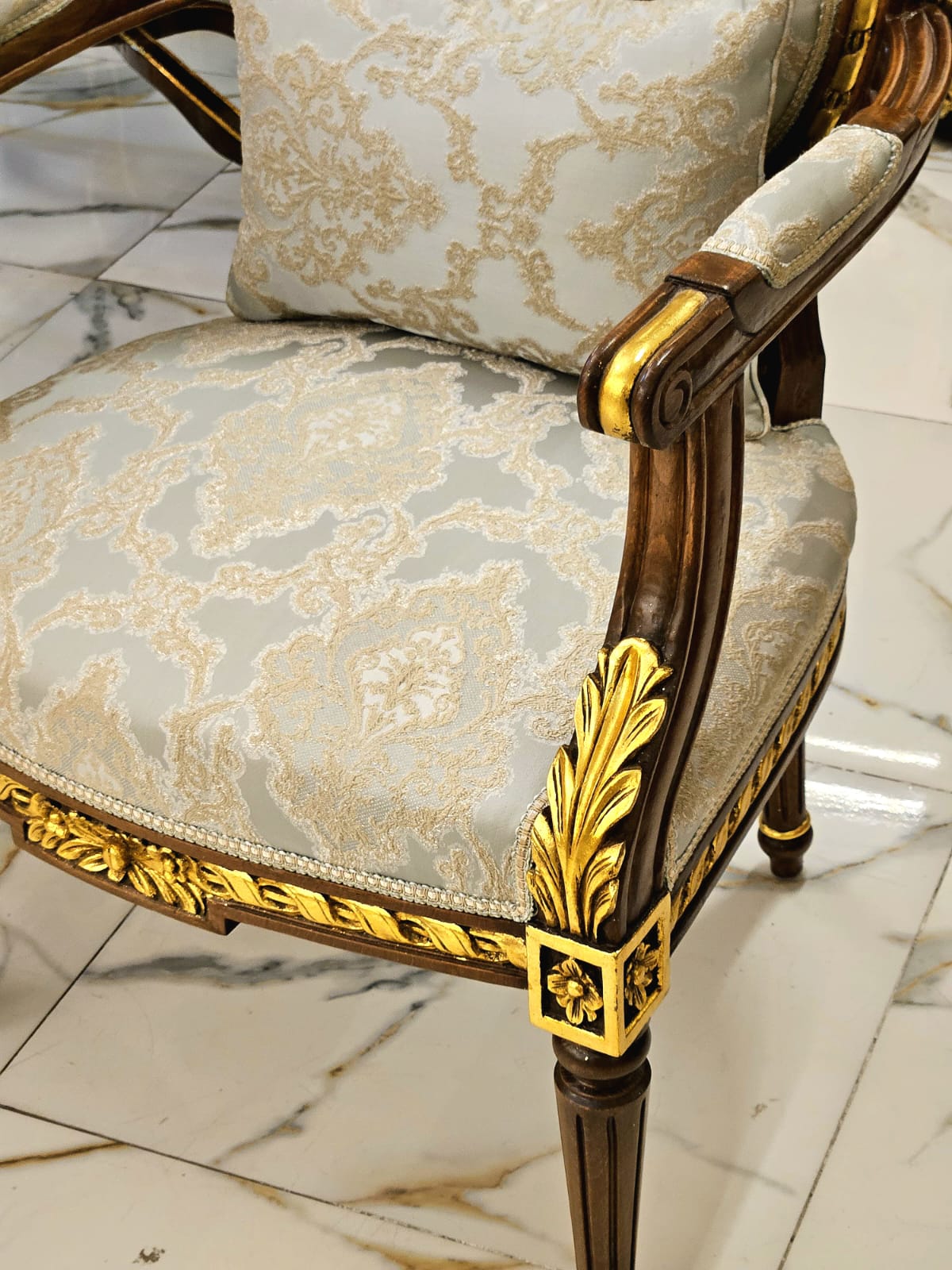 French Louis XVI Damask Accent Armchair with Hand-Carved Wood Frame & Gold Leaf Details