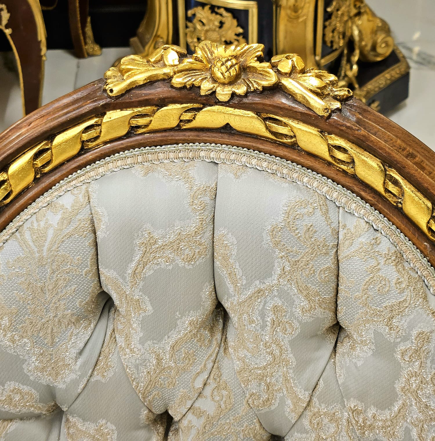 French Louis XVI Damask Accent Armchair with Hand-Carved Wood Frame & Gold Leaf Details