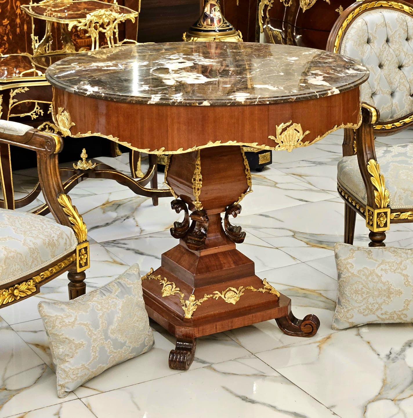 Round Marble Top Center Table with Hand-Carved Wood Pedestal & Gold Leaf Accents