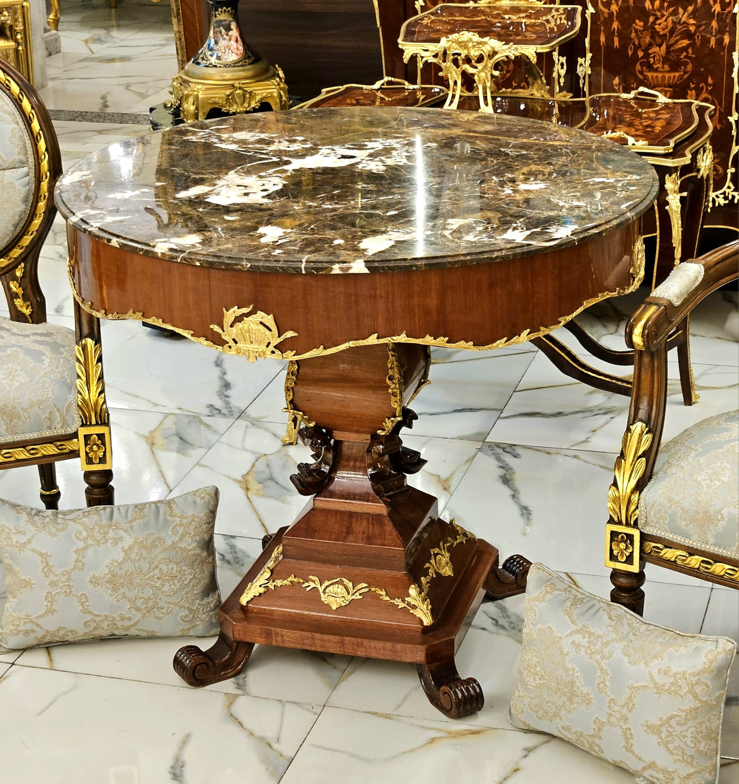 Round Marble Top Center Table with Hand-Carved Wood Pedestal & Gold Leaf Accents