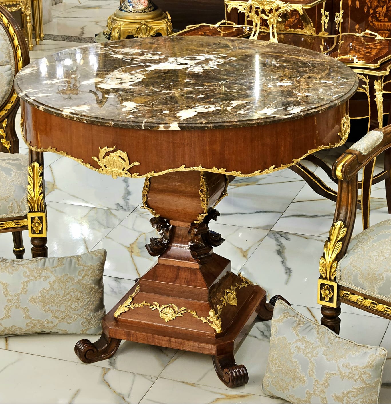 Round Marble Top Center Table with Hand-Carved Wood Pedestal & Gold Leaf Accents