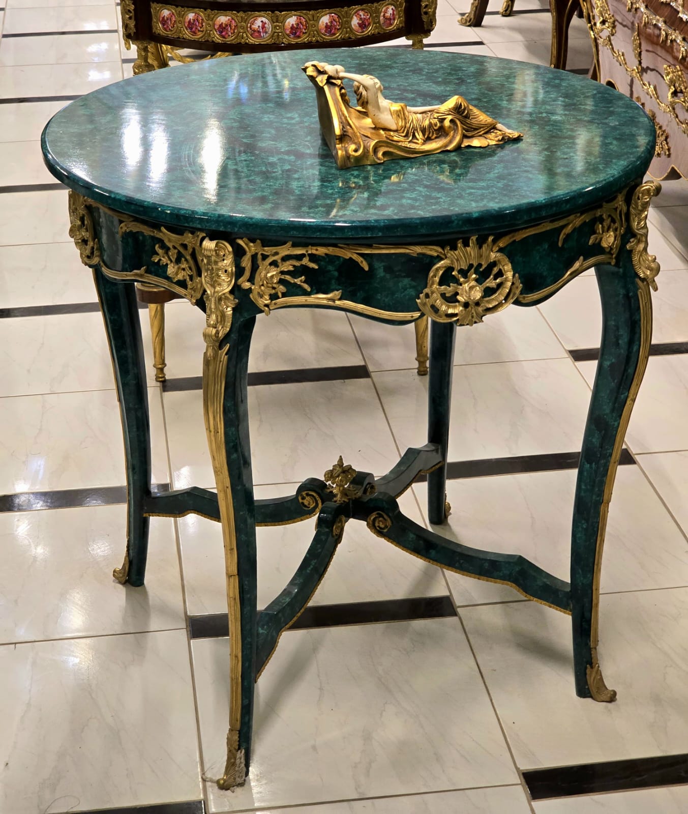 French Empire Style Center Table in Bottle Green with Gold Leaf & Bronze Mounts
