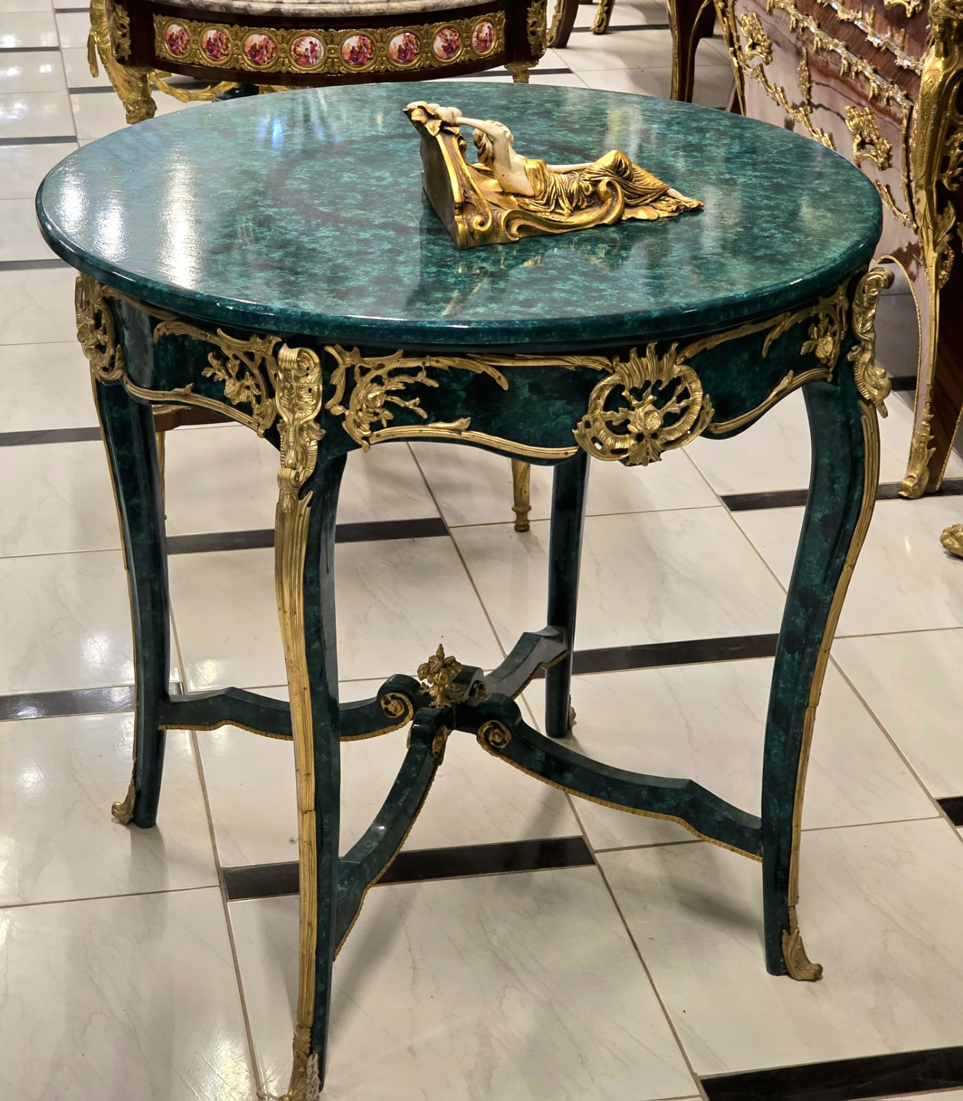 French Empire Style Center Table in Bottle Green with Gold Leaf & Bronze Mounts