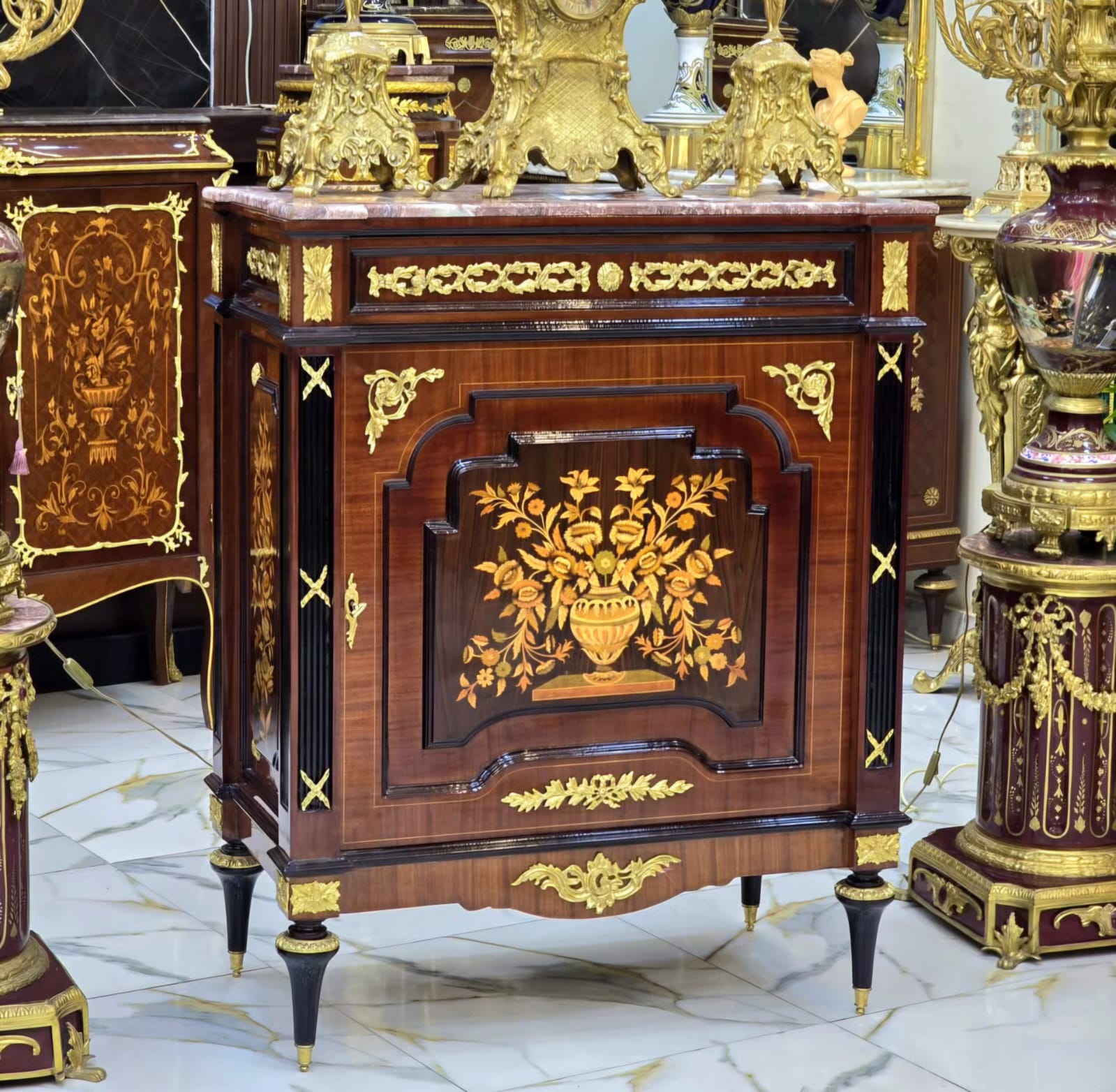 Elegant Marble-Top Cabinet with Intricate Wood Marquetry & Gold Leaf Accents