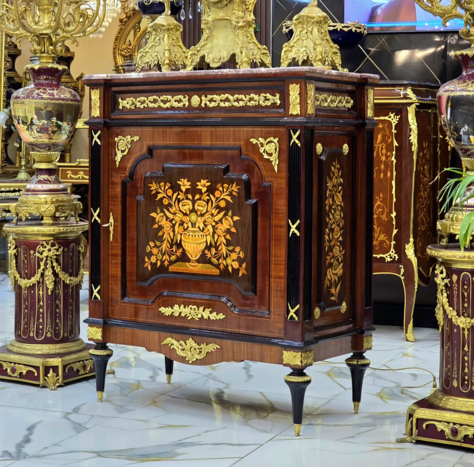 Elegant Marble-Top Cabinet with Intricate Wood Marquetry & Gold Leaf Accents