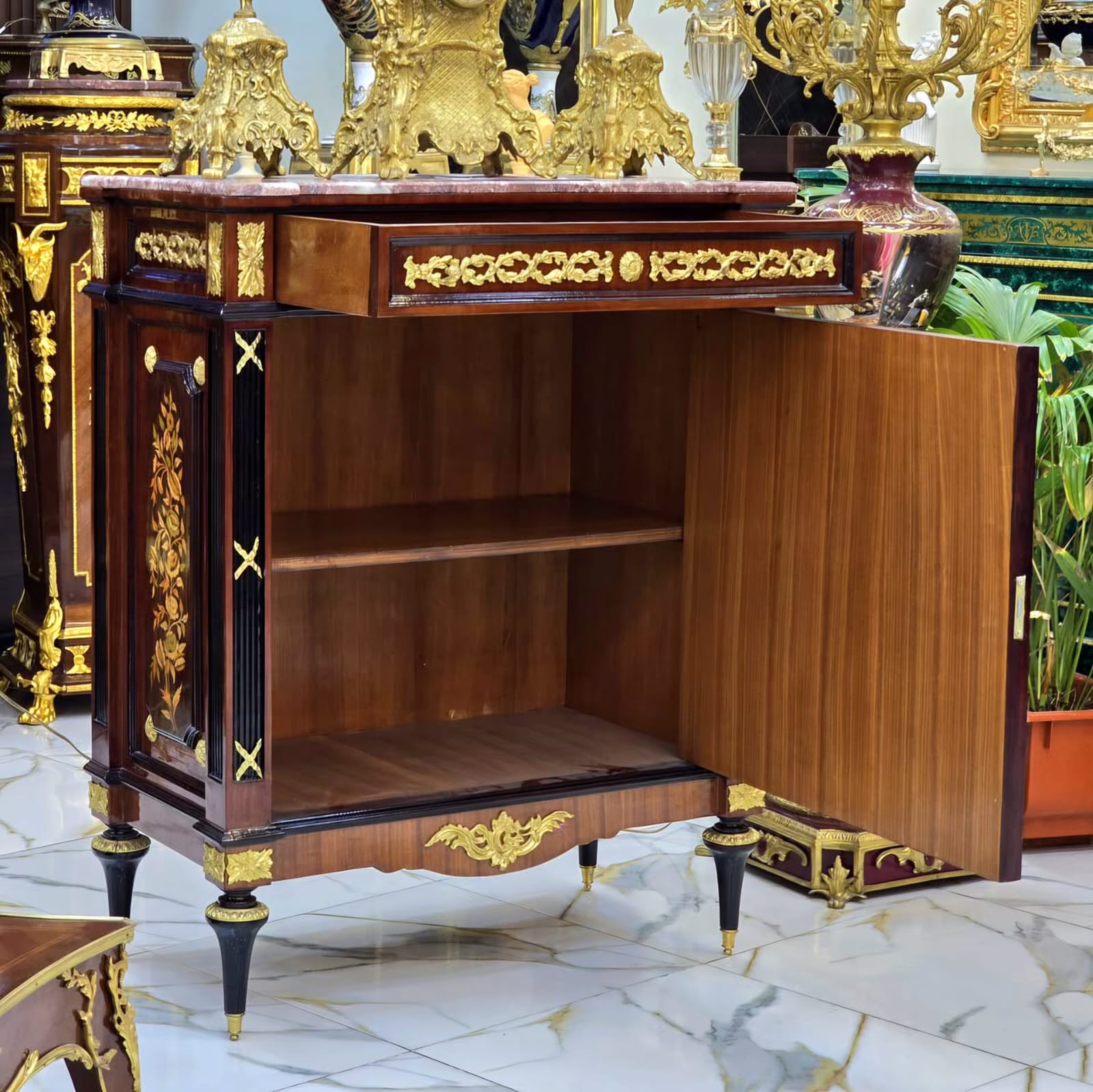 Elegant Marble-Top Cabinet with Intricate Wood Marquetry & Gold Leaf Accents