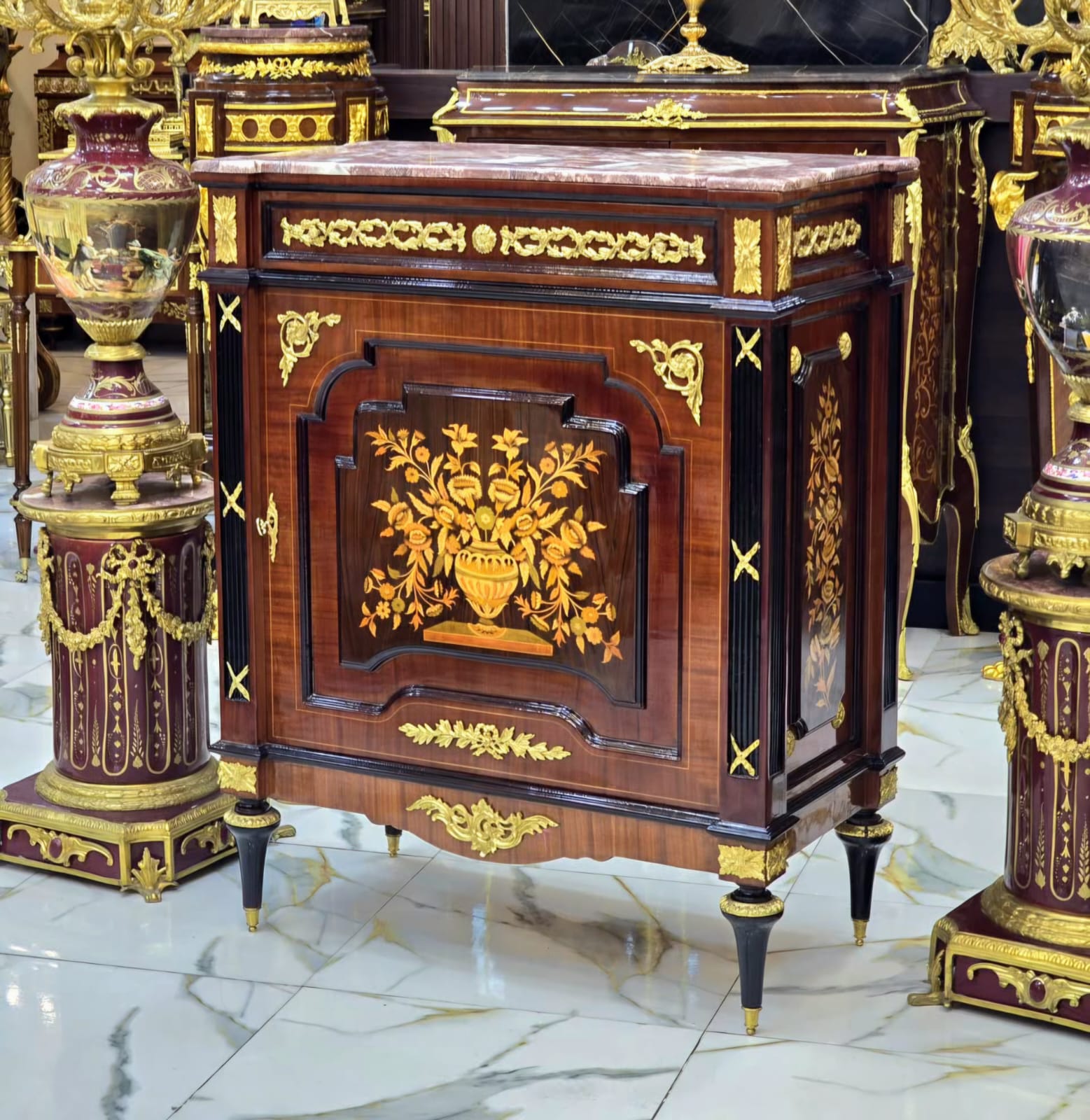 Elegant Marble-Top Cabinet with Intricate Wood Marquetry & Gold Leaf Accents