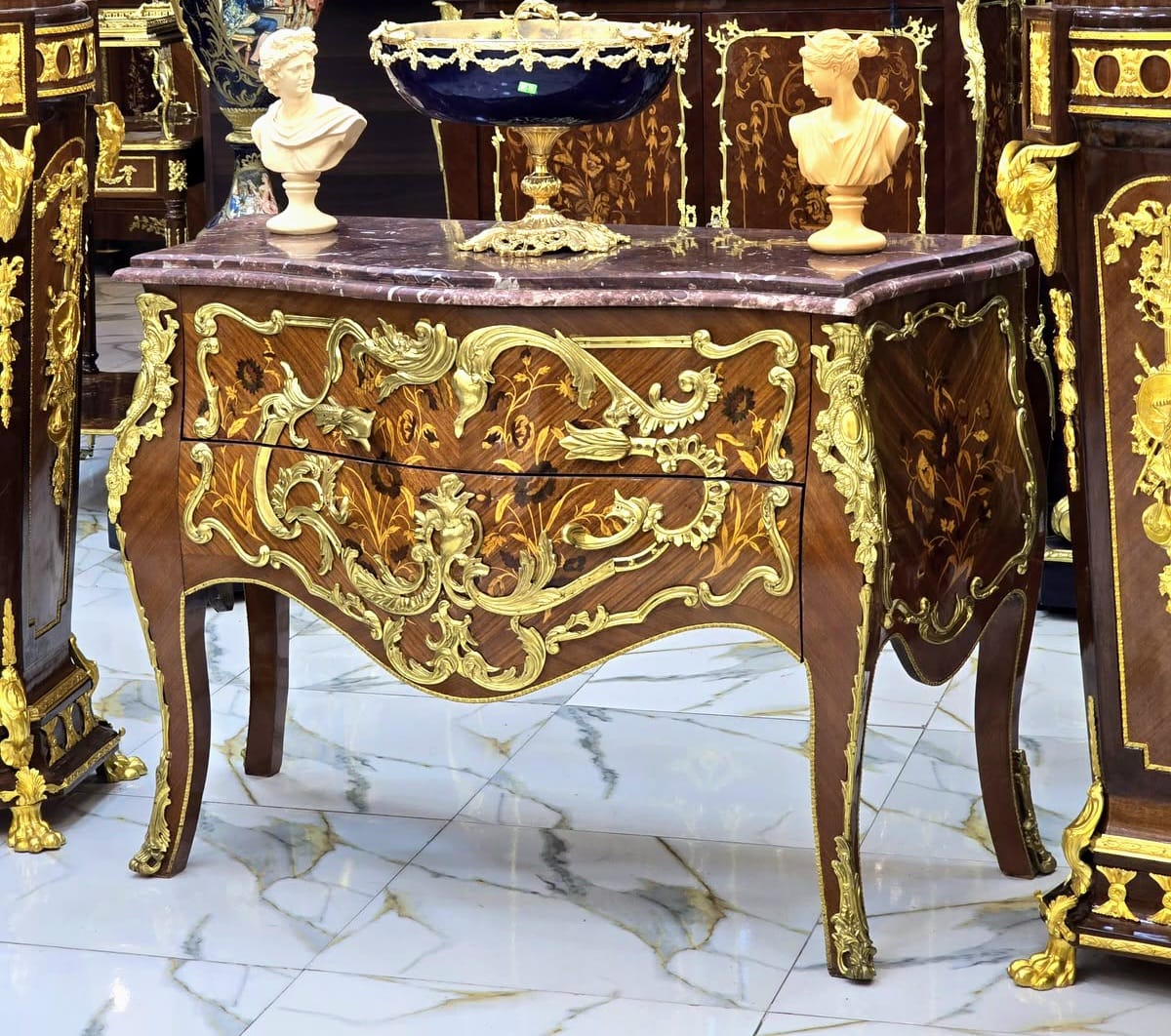 Louis XV Bombe Marble-Top Commode with Exquisite Floral Marquetry & Gilt Bronze Mounts