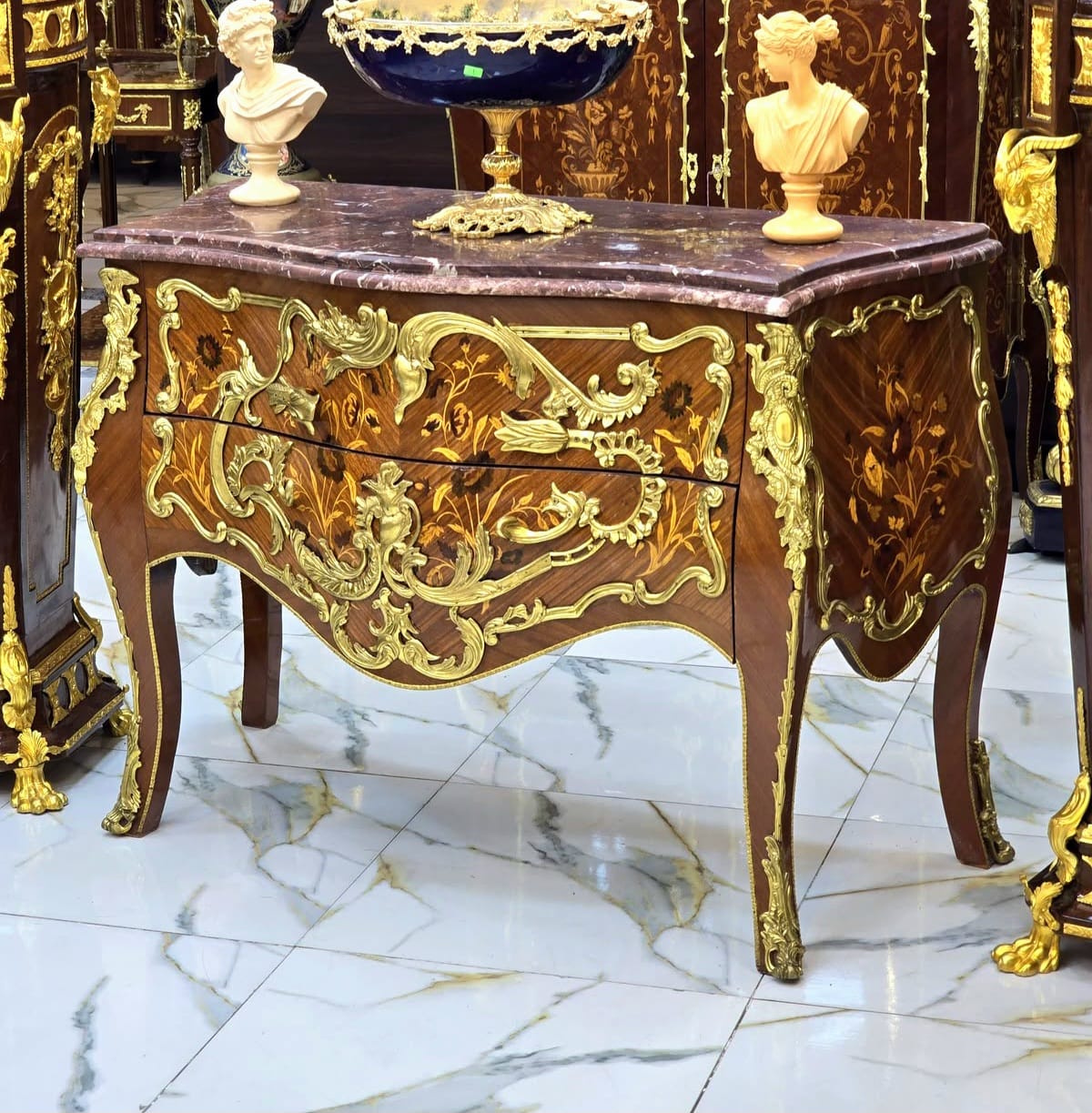 Louis XV Bombe Marble-Top Commode with Exquisite Floral Marquetry & Gilt Bronze Mounts