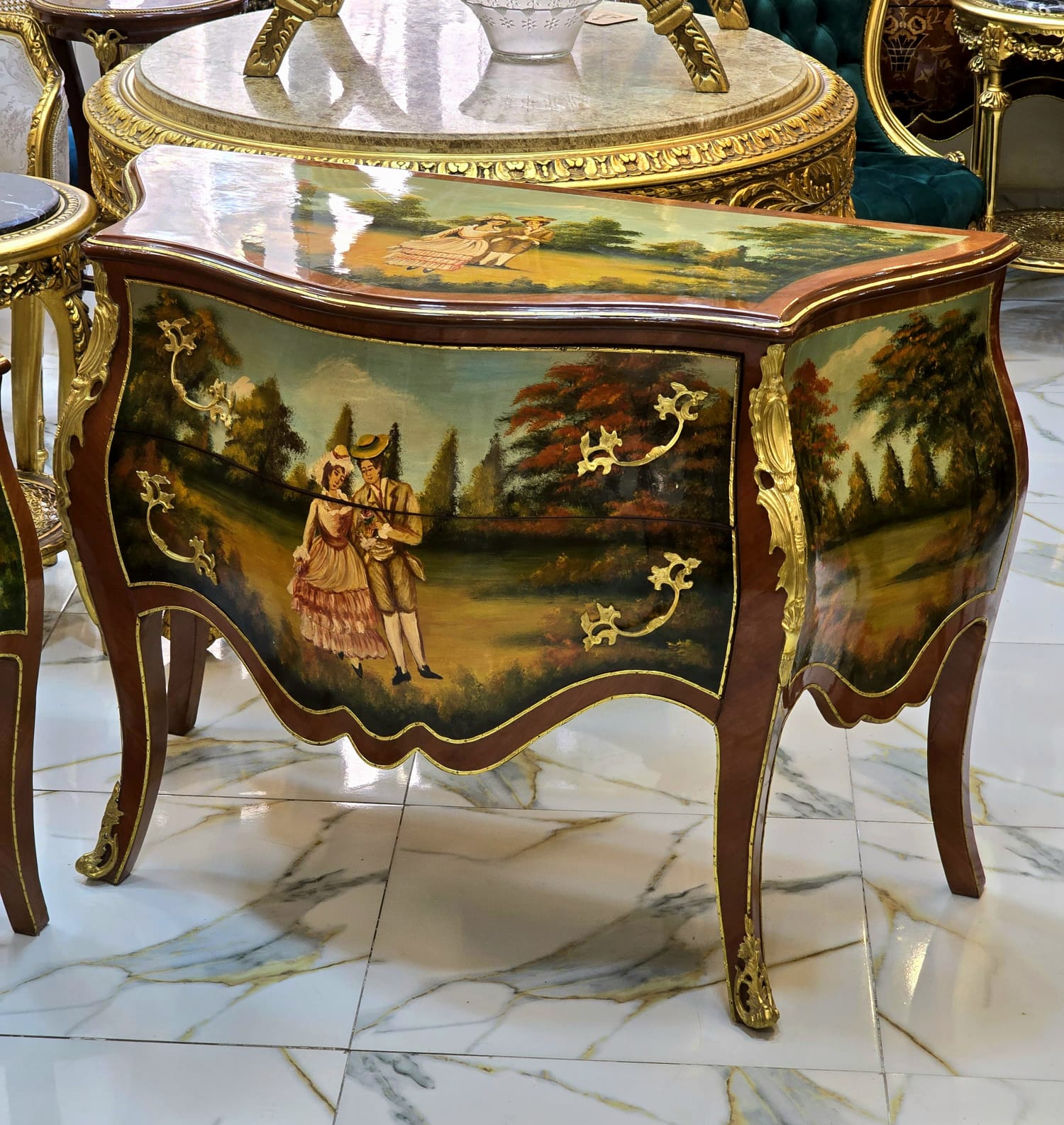 Hand-Painted French Rococo Bombe Commode with Romantic Landscape Artwork, Gold Leaf Details & Hardwood Construction
