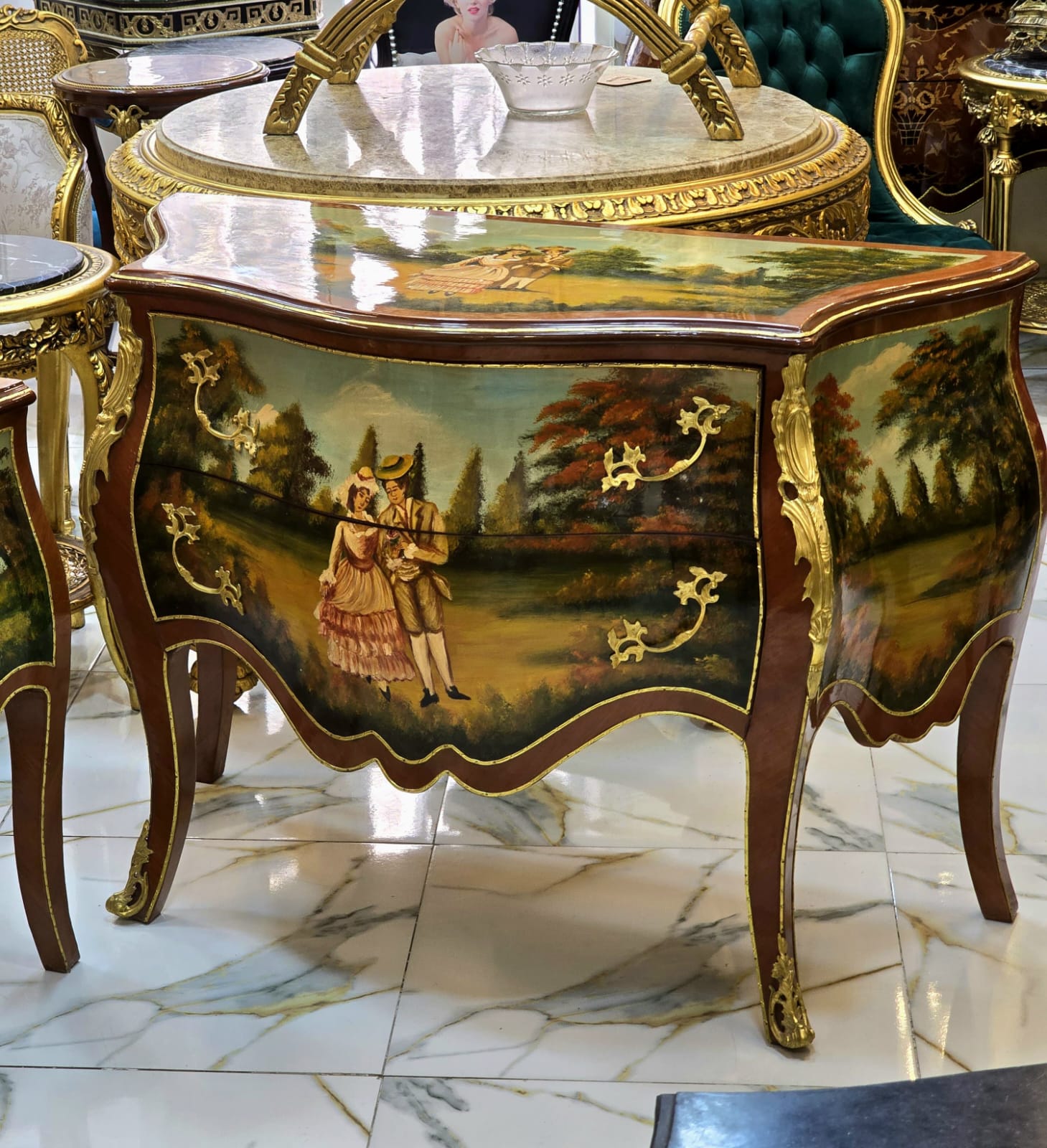 Hand-Painted French Rococo Bombe Commode with Romantic Landscape Artwork, Gold Leaf Details & Hardwood Construction