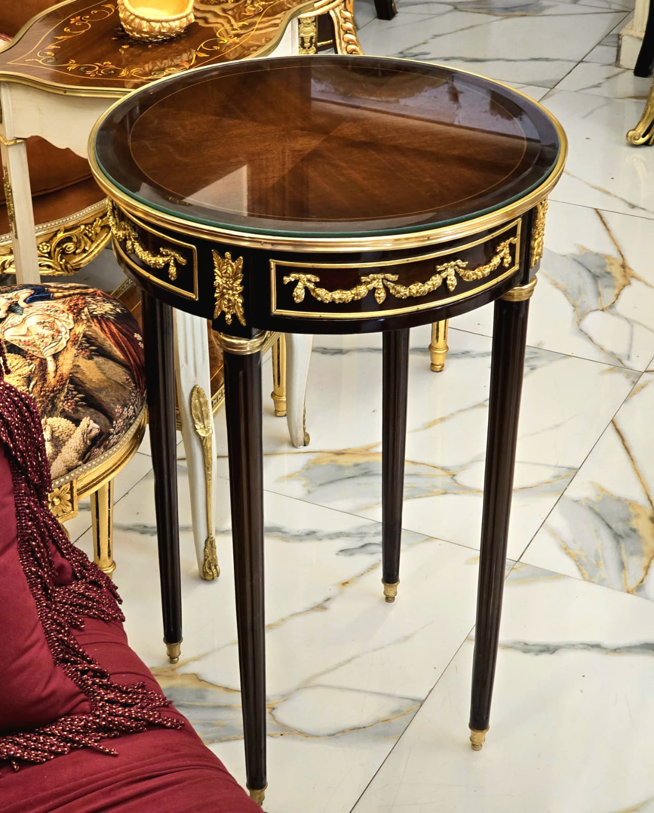 Round Accent Side Table with Glass Top, Hand-Gilded Gold Leaf Details & Solid Wood Frame