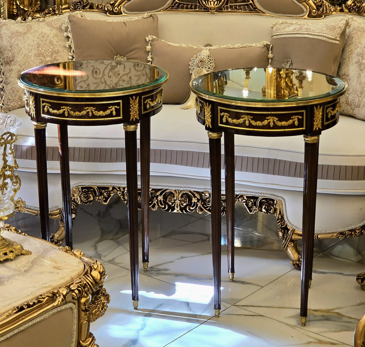 Round Accent Side Table with Glass Top, Hand-Gilded Gold Leaf Details & Solid Wood Frame