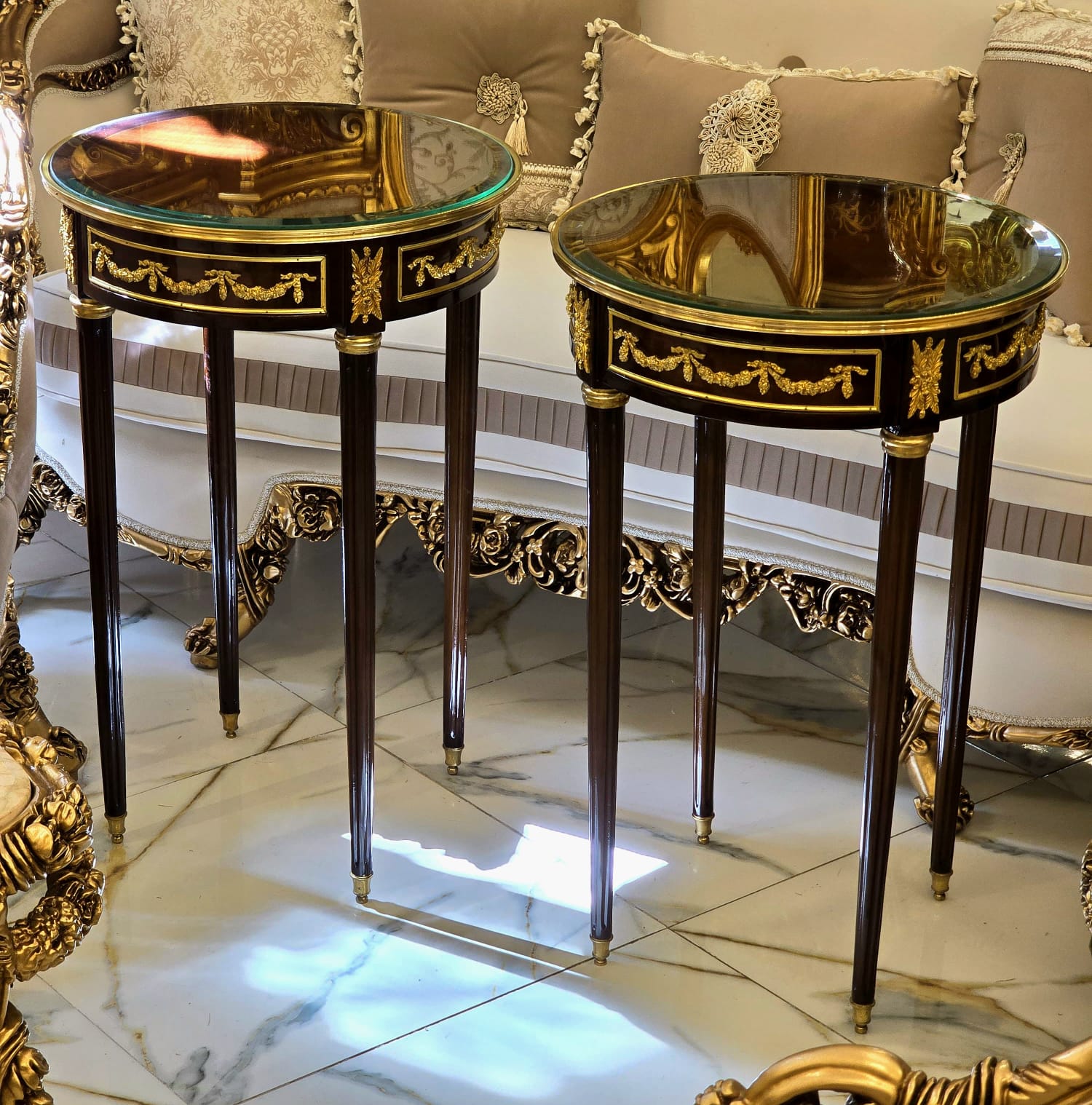Round Accent Side Table with Glass Top, Hand-Gilded Gold Leaf Details & Solid Wood Frame