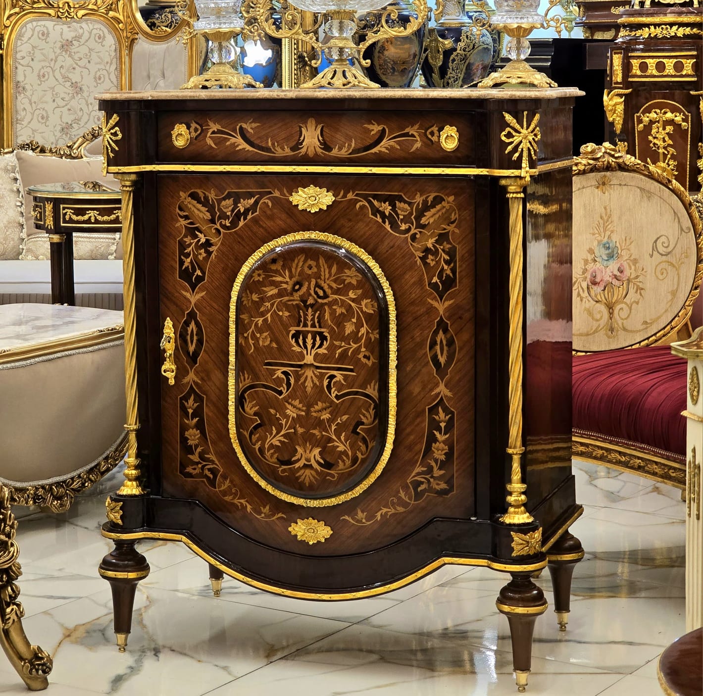 Luxury French Marquetry Cabinet with Marble Top & Hand-Gilded Gold Leaf Accents