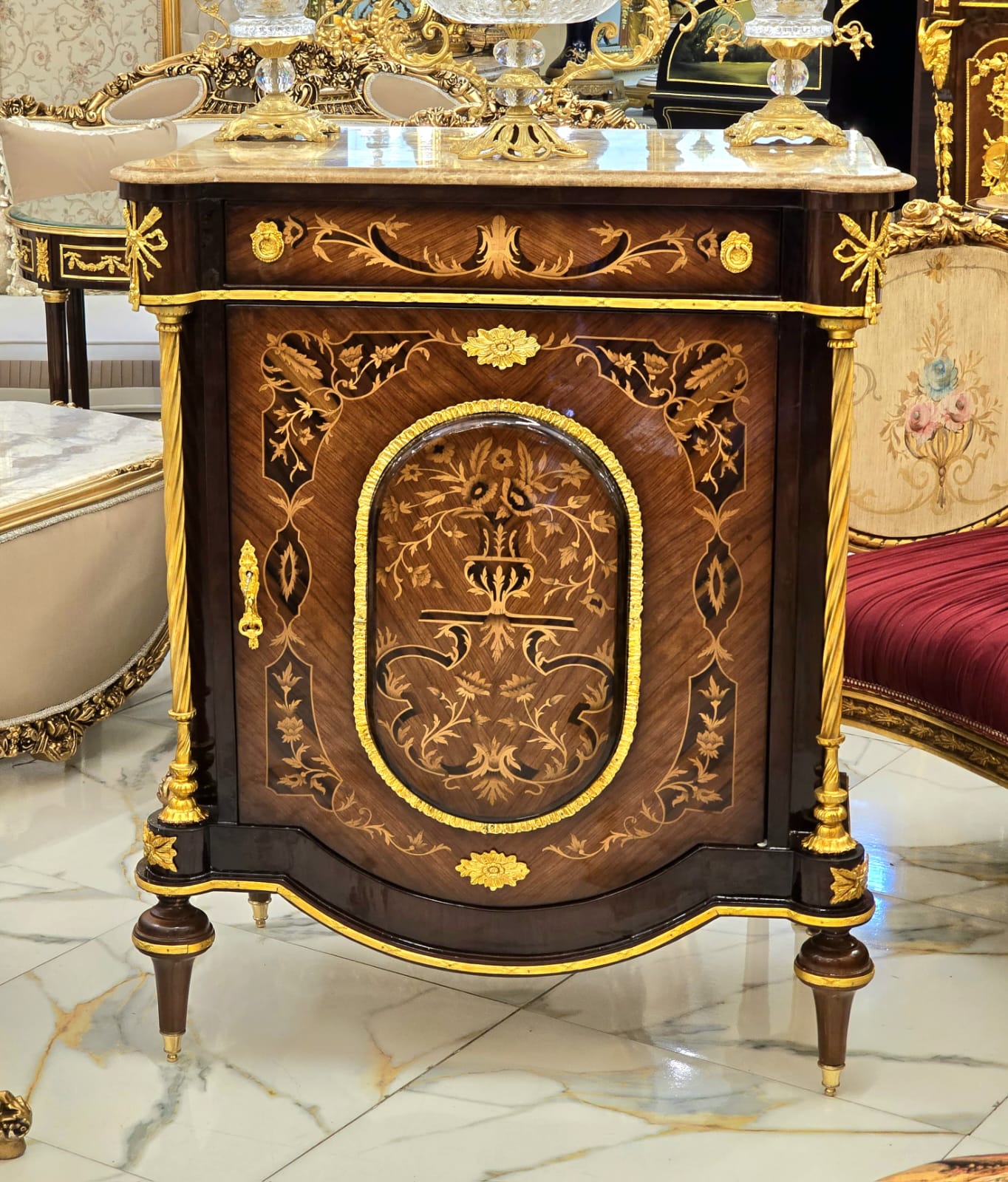Luxury French Marquetry Cabinet with Marble Top & Hand-Gilded Gold Leaf Accents