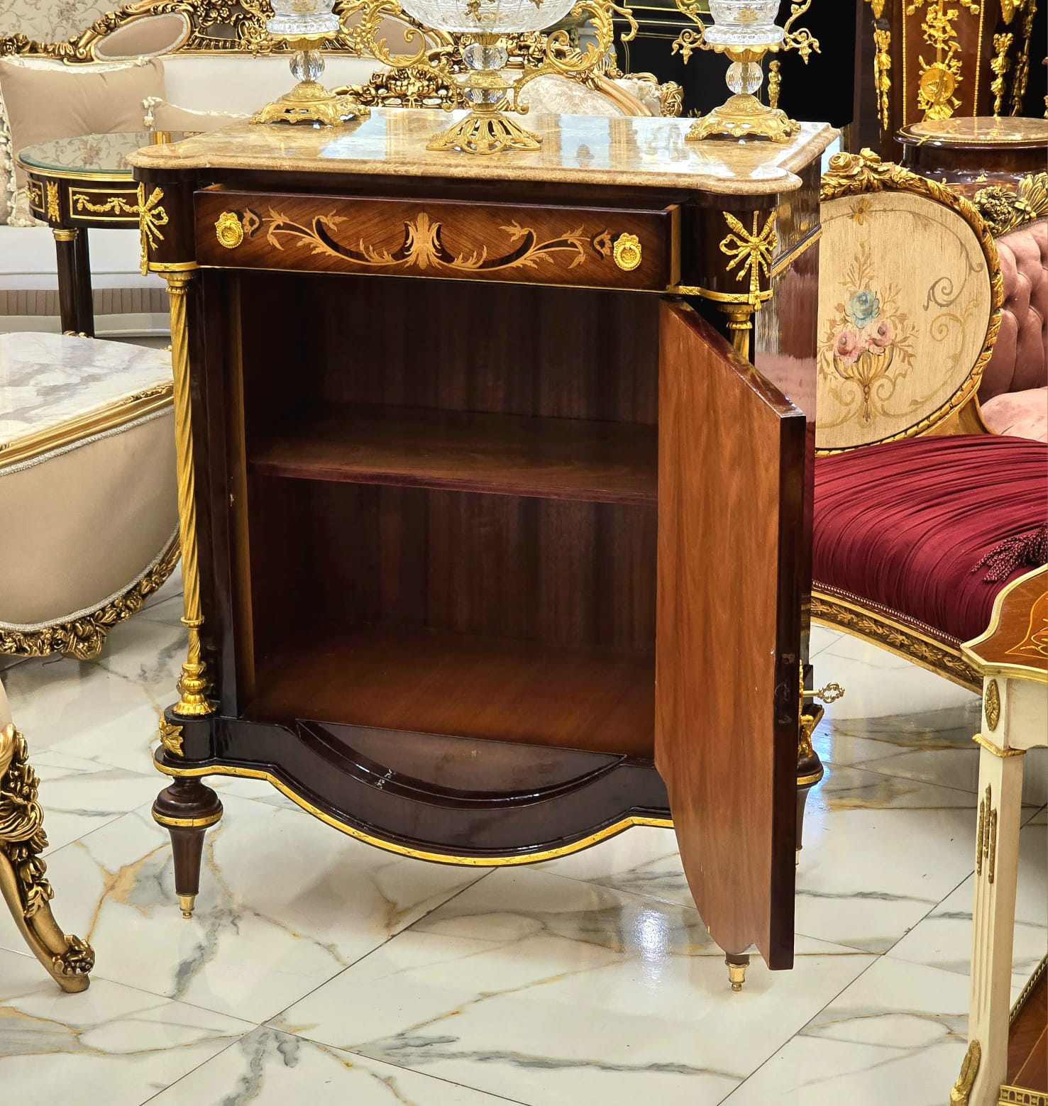 Luxury French Marquetry Cabinet with Marble Top & Hand-Gilded Gold Leaf Accents