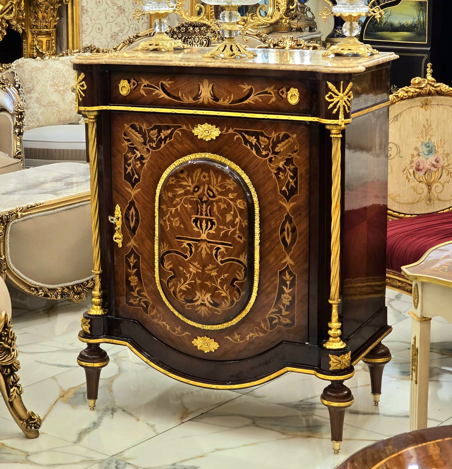 Luxury French Marquetry Cabinet with Marble Top & Hand-Gilded Gold Leaf Accents