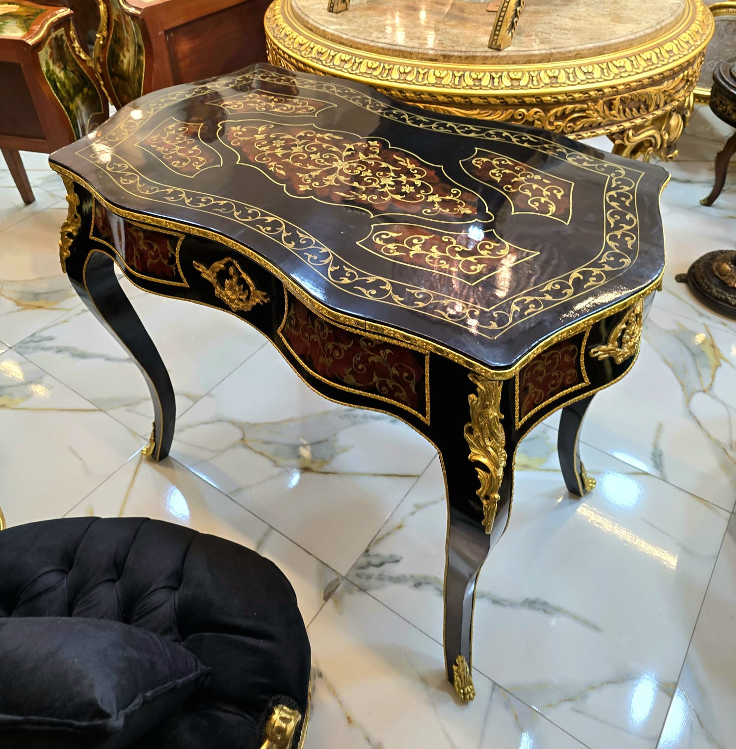 French Writing Desk with Center Drawer, Hand-Inlaid Marquetry & Gold Leaf Details