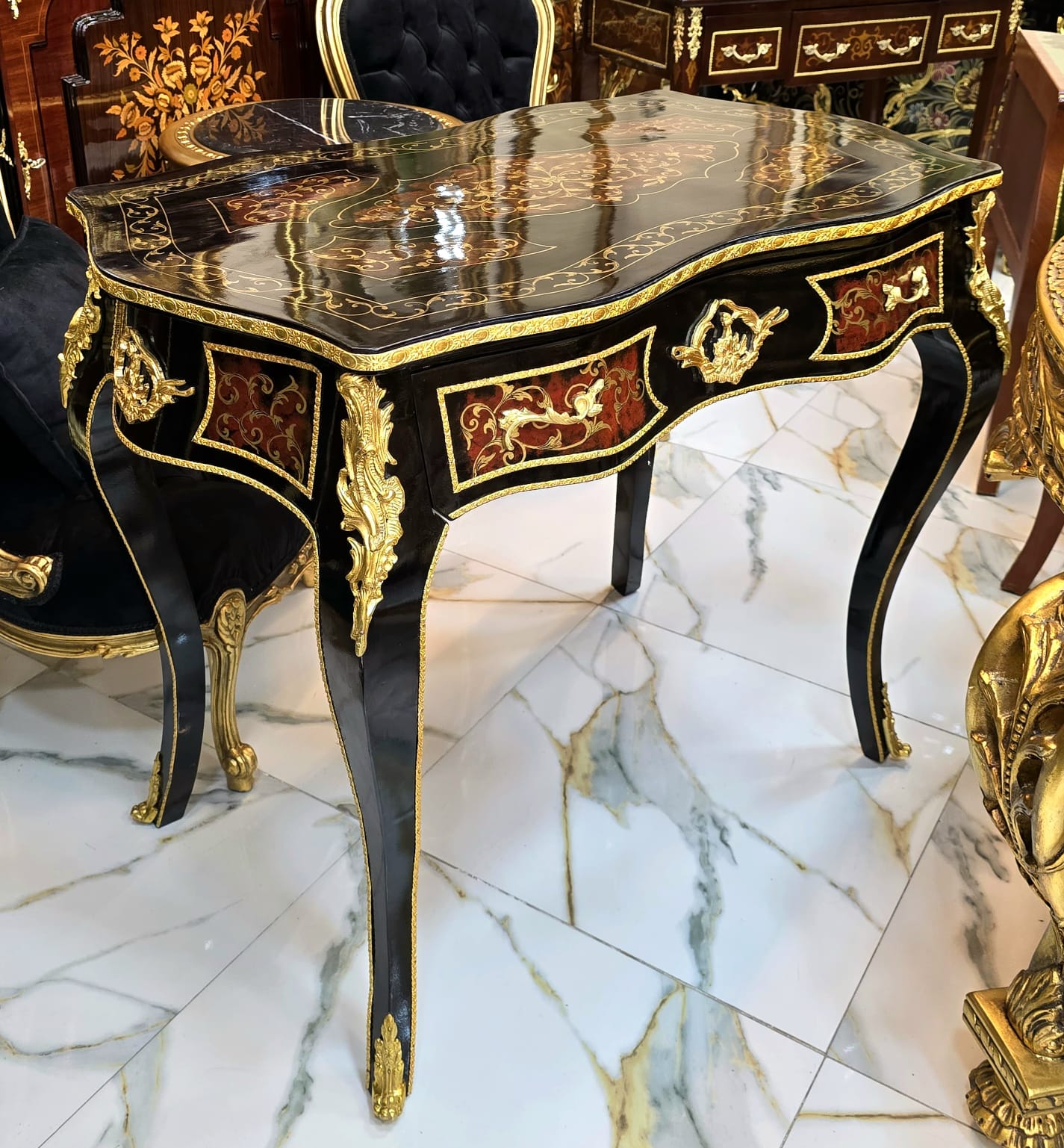French Writing Desk with Center Drawer, Hand-Inlaid Marquetry & Gold Leaf Details