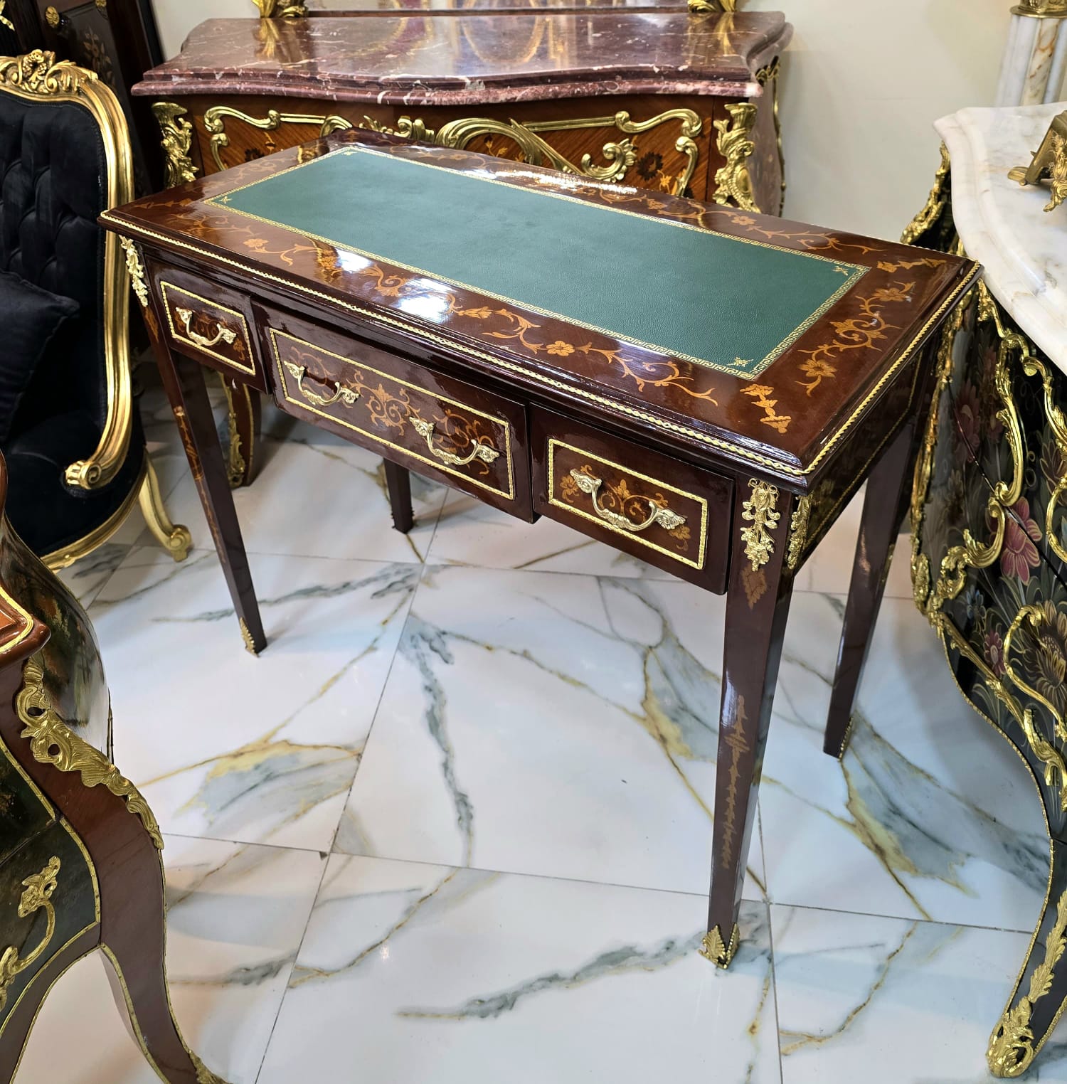 French Louis XVI Writing Desk with Green Leather Top, Marquetry Inlays & Gilded Gold Leaf Details