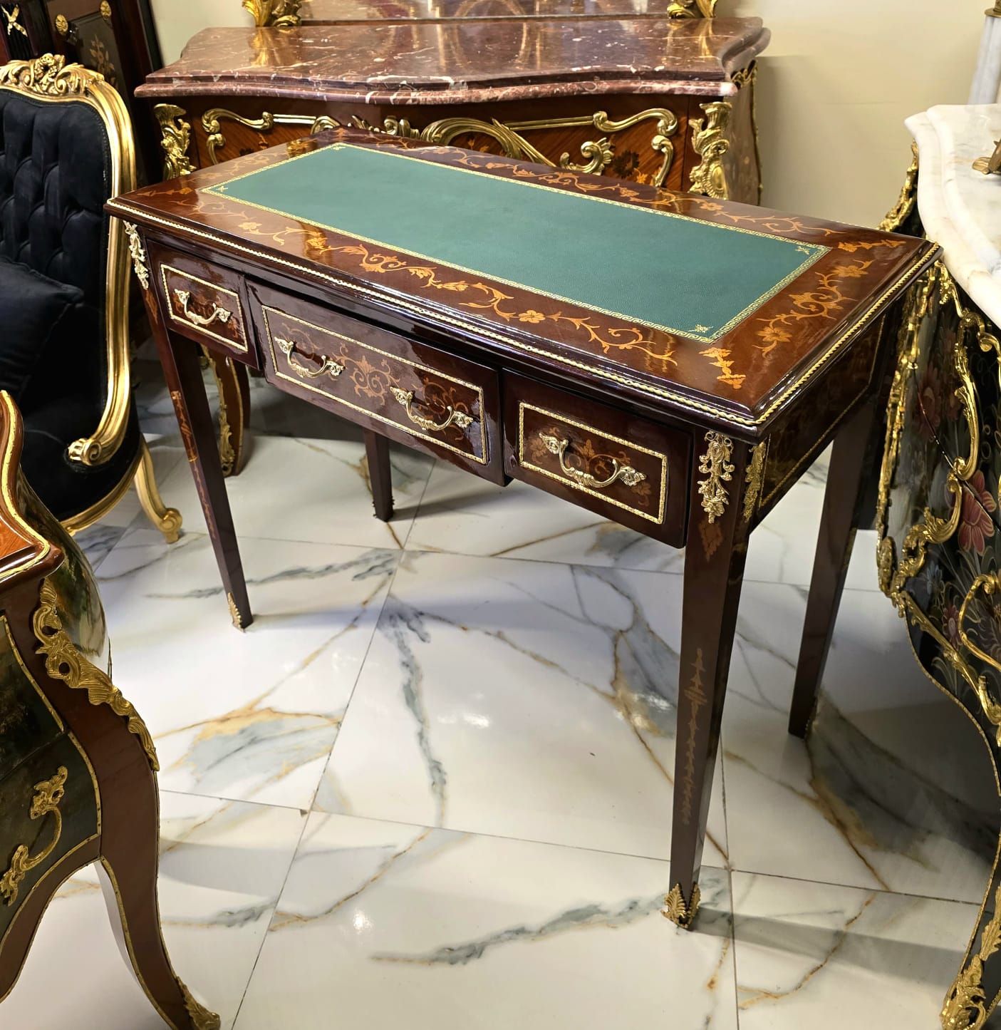 French Louis XVI Writing Desk with Green Leather Top, Marquetry Inlays & Gilded Gold Leaf Details