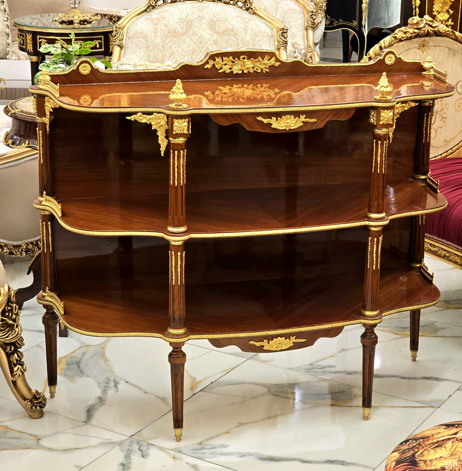 Luxury French Open Console Table with Hand-Gilded Gold Leaf Details & Solid Wood Shelving
