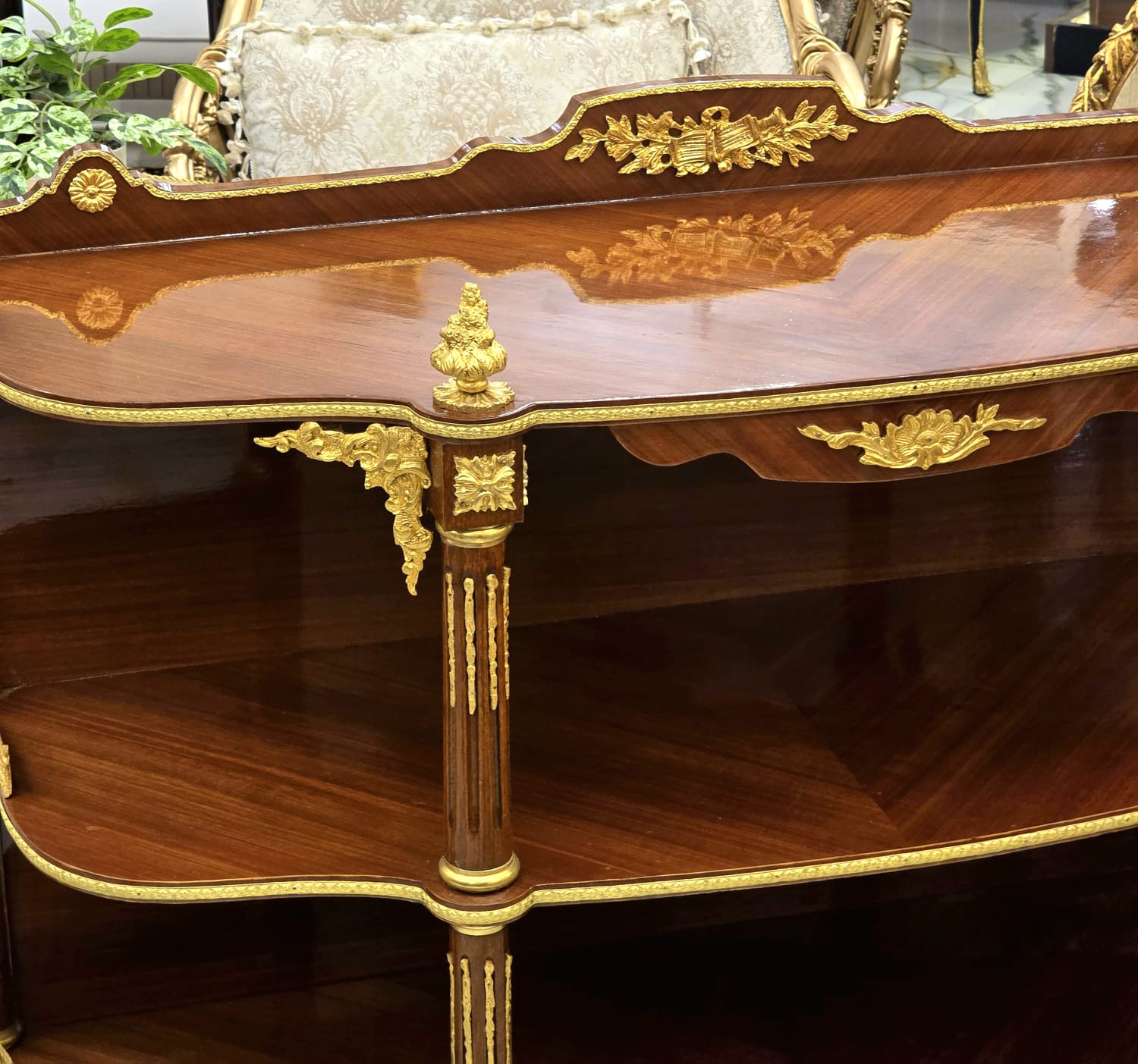 Luxury French Open Console Table with Hand-Gilded Gold Leaf Details & Solid Wood Shelving