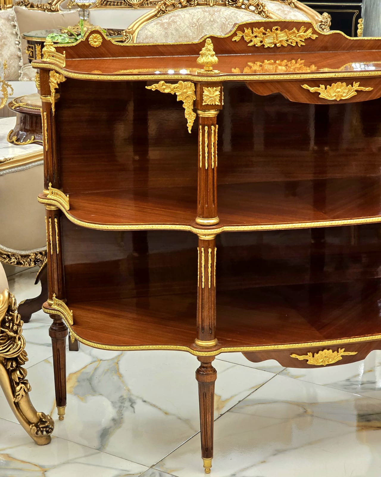 Luxury French Open Console Table with Hand-Gilded Gold Leaf Details & Solid Wood Shelving
