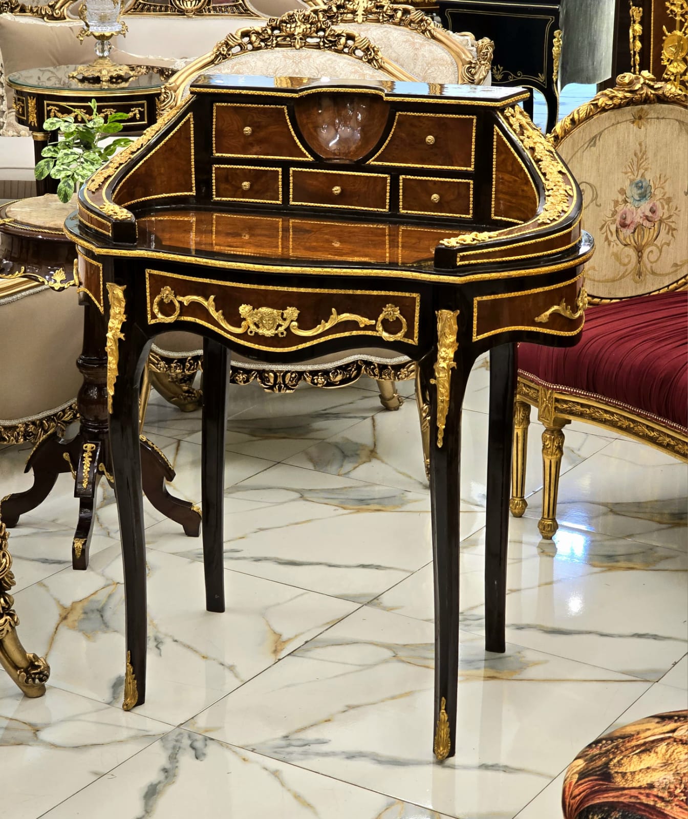 French Louis XVI Ladies Writing Desk with 6 Drawers, Gallery Rail & Bronze Mounts