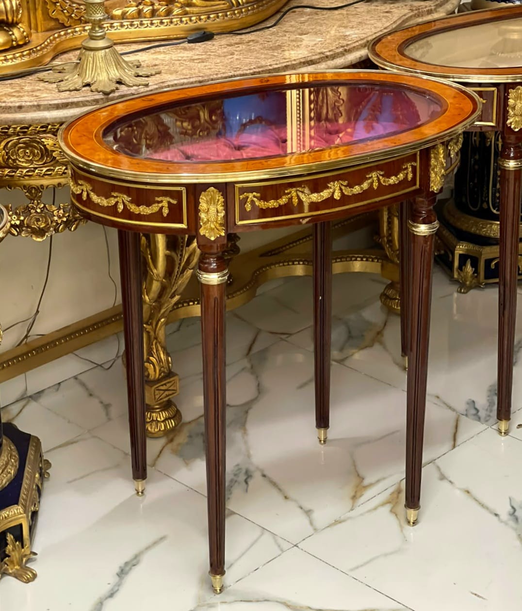Elegant French Louis XVI Display Accent Table with Glass Top & Velvet Interior