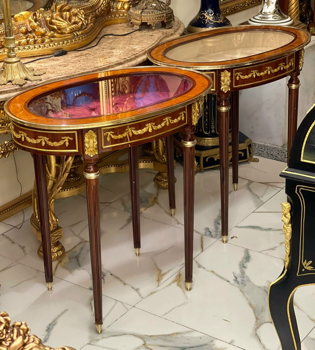 French Louis XVI Oval Display Side Table with Glass Top, Velvet-Lined Interior & Hand-Gilded Gold Leaf Details