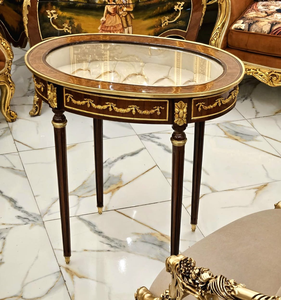 French Louis XVI Oval Display Side Table with Glass Top, Velvet-Lined Interior & Hand-Gilded Gold Leaf Details