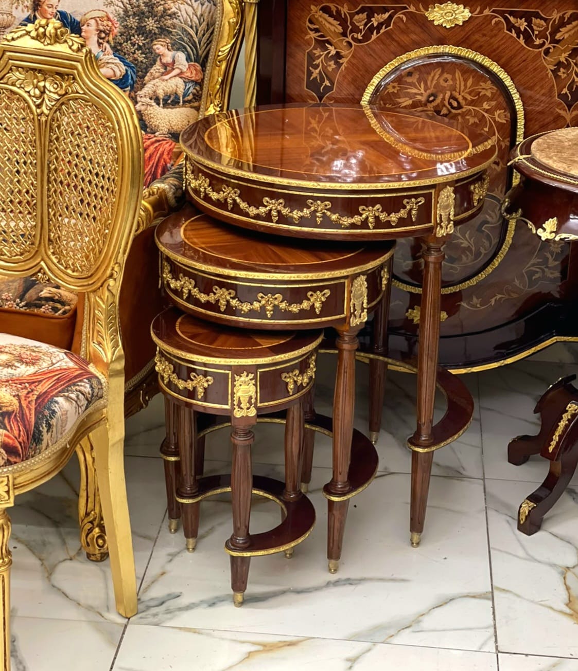 Elegant French Nesting Accent Tables – Set of 3 with Hand-Gilded Gold Leaf Finish