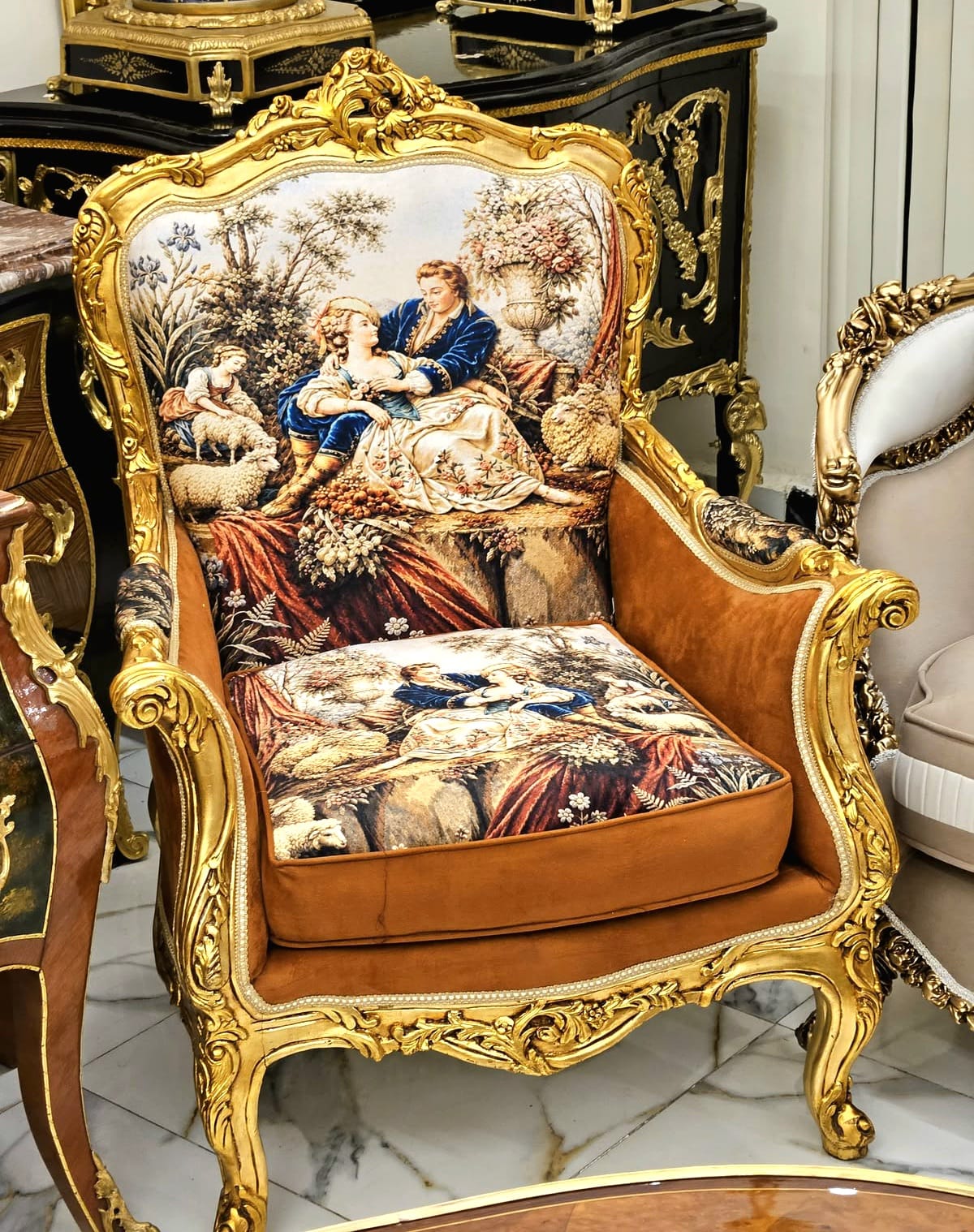 Luxury French Louis XV Bergère Chair with Romantic Tapestry Upholstery, Velvet Panels & Hand-Gilded Gold Leaf Frame