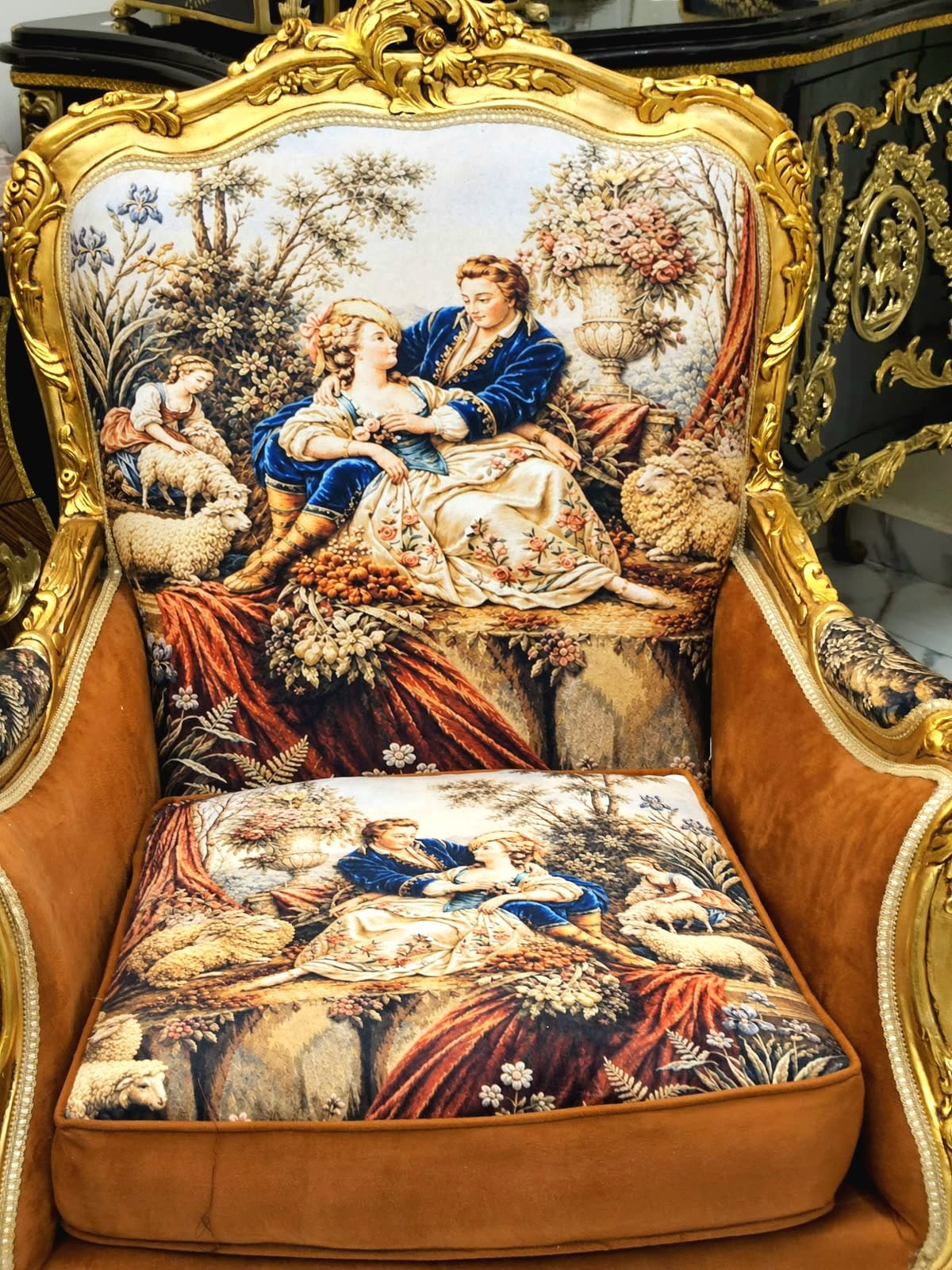 Luxury French Louis XV Bergère Chair with Romantic Tapestry Upholstery, Velvet Panels & Hand-Gilded Gold Leaf Frame