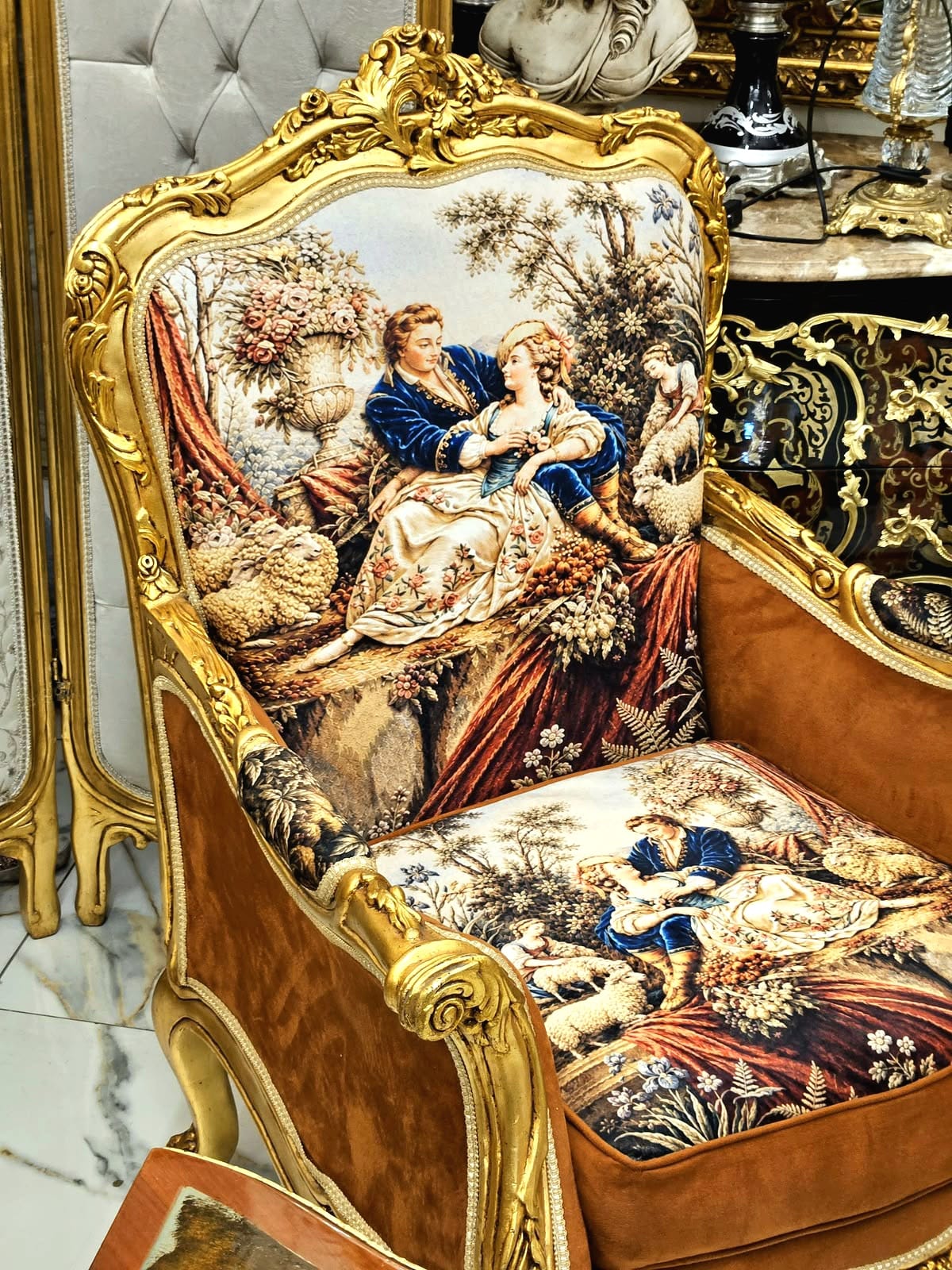 Luxury French Louis XV Bergère Chair with Romantic Tapestry Upholstery, Velvet Panels & Hand-Gilded Gold Leaf Frame