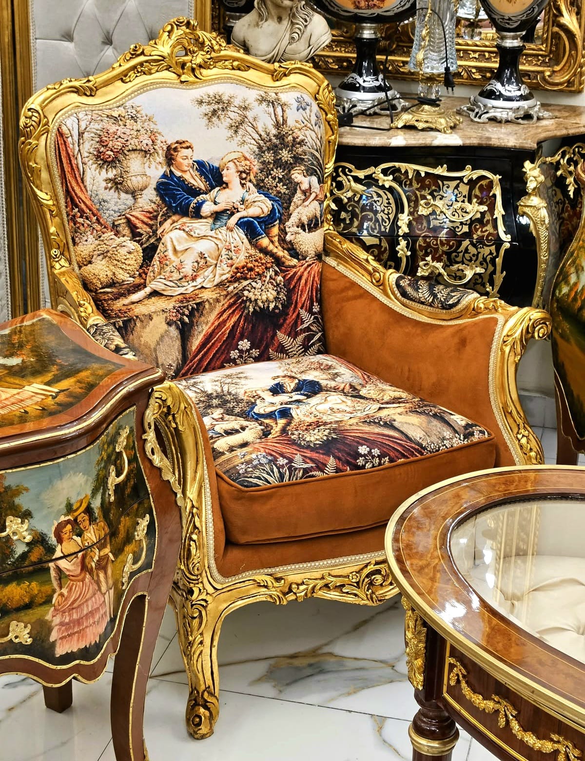 Luxury French Louis XV Bergère Chair with Romantic Tapestry Upholstery, Velvet Panels & Hand-Gilded Gold Leaf Frame