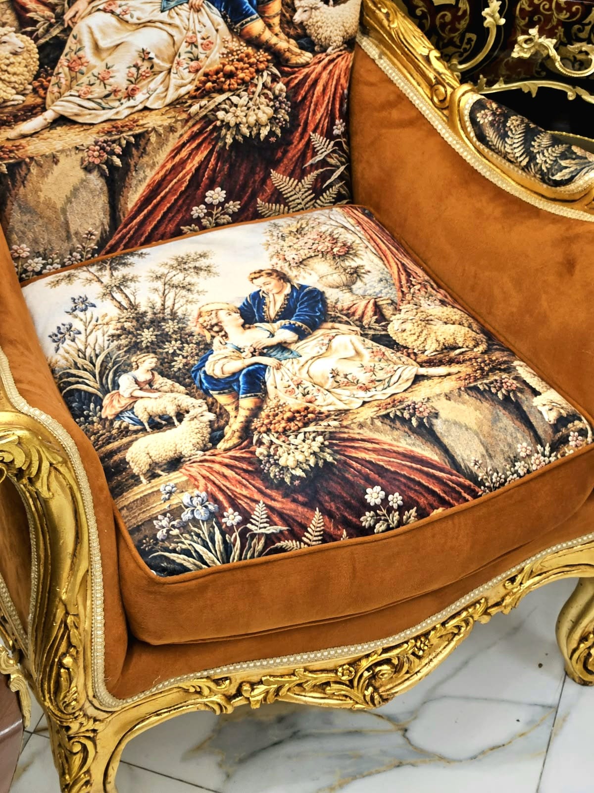 Luxury French Louis XV Bergère Chair with Romantic Tapestry Upholstery, Velvet Panels & Hand-Gilded Gold Leaf Frame