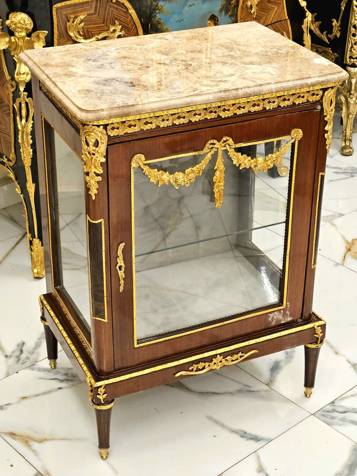 Royal French Display Nightstand – Marble Top, Glass Door & Gold Leaf Accents