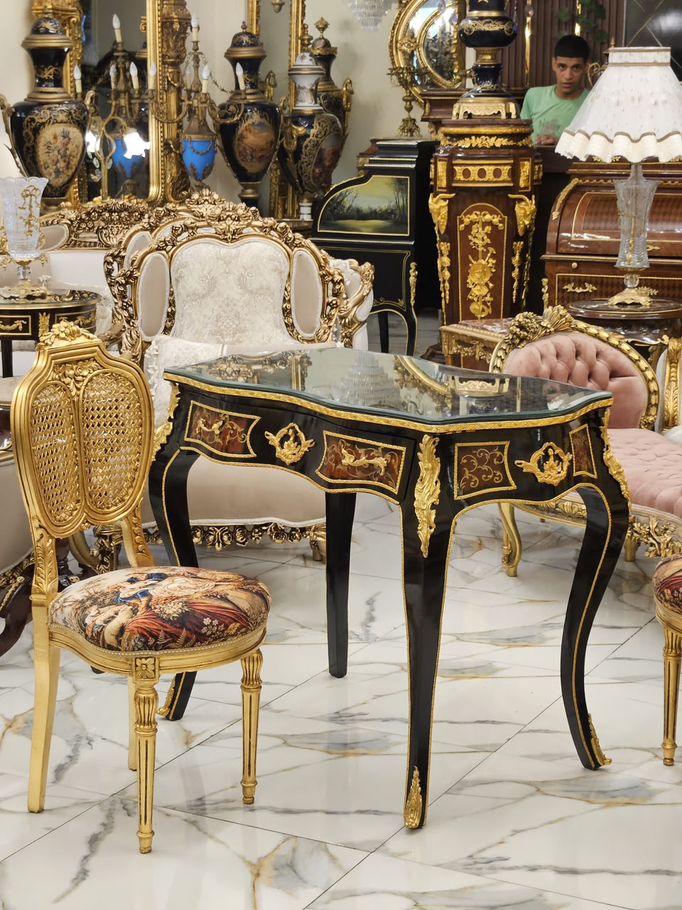 Palace Collection Writing Desk – Hand-Inlaid Marquetry, Glass Top & Louis XV Elegance