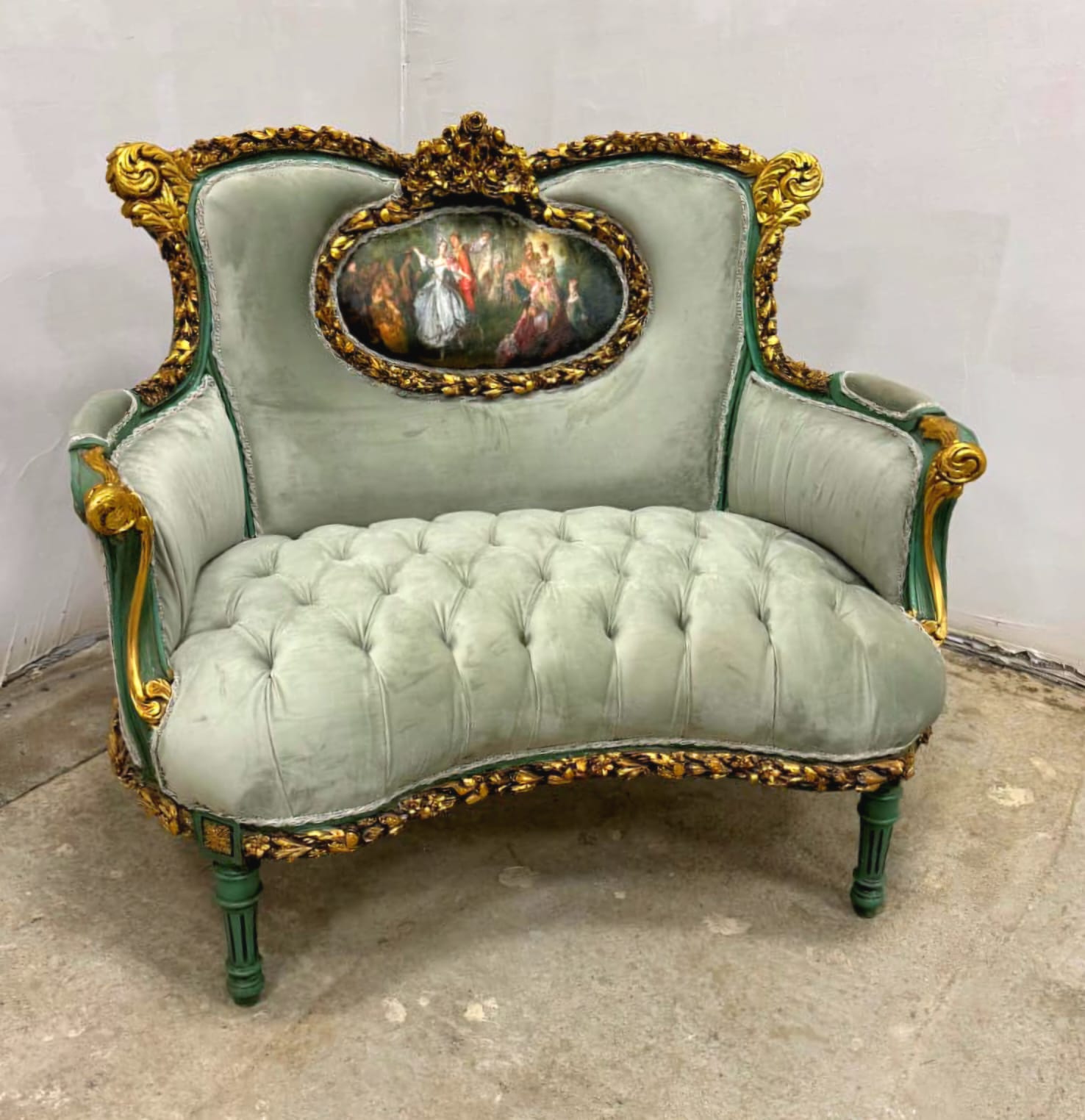 Imperial Rococo Velvet Loveseat – Hand-Carved Gold Leaf Frame & Designer Beige Upholstery