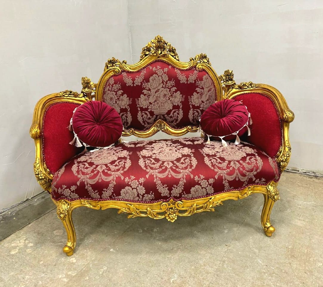 Royal Bordeaux Rococo Loveseat – Hand-Gilded Gold Leaf Frame, Damask Upholstery & Matching Bolster Pillows