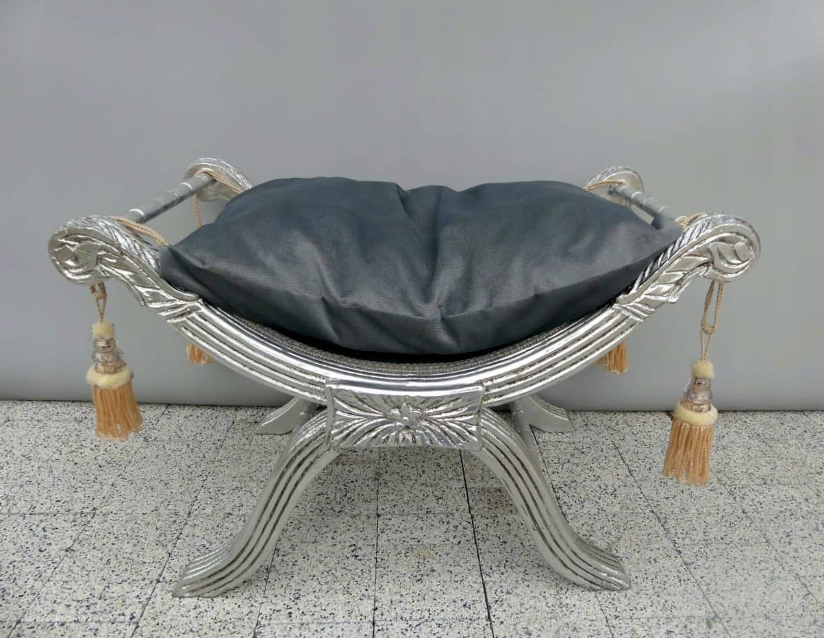 Hand-Gilded Silver Leaf Accent Bench with Elegant Velvet Cushion